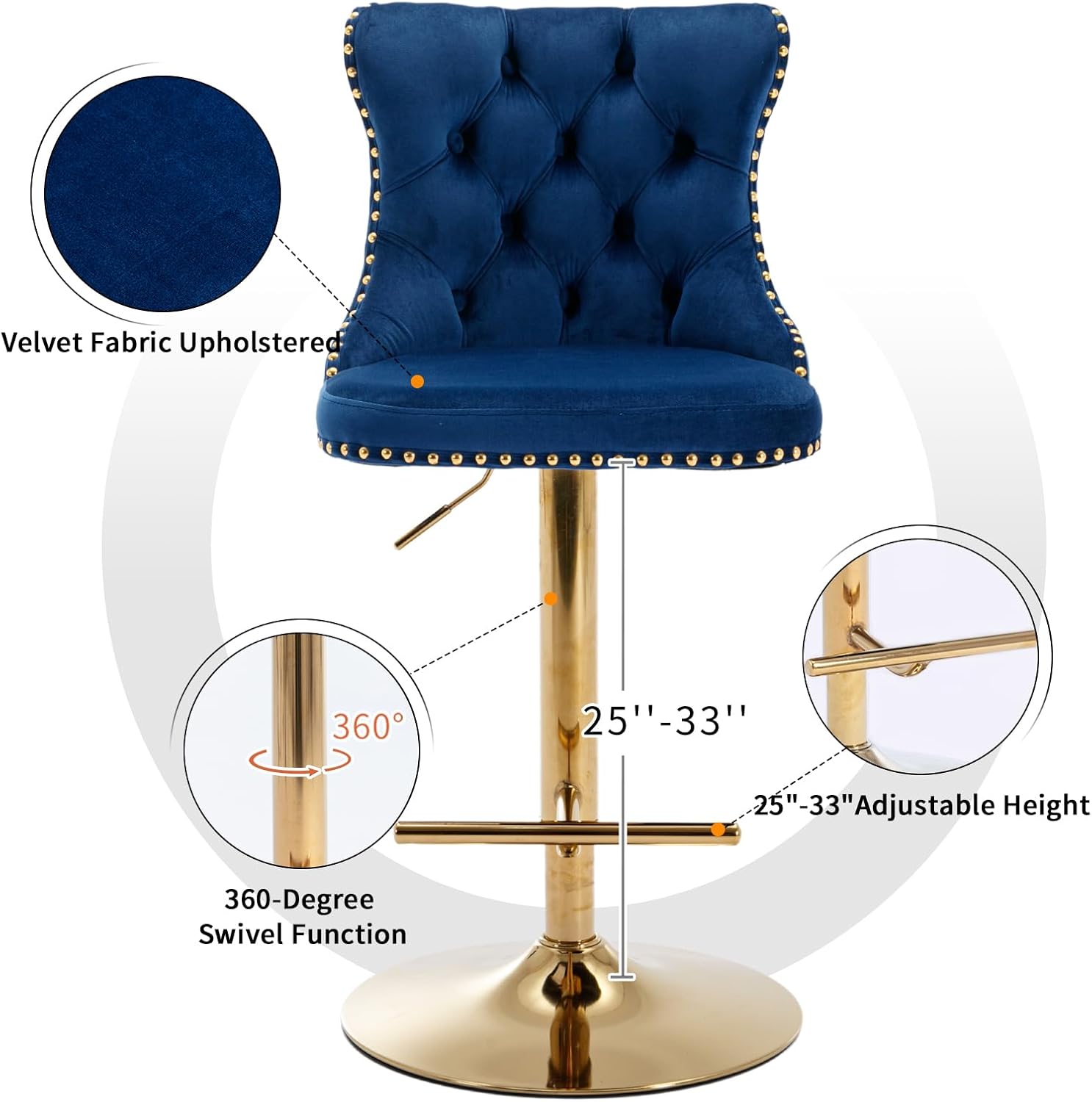 Velvet Bar Stools Set of 2 – Swivel, Adjustable Height – Modern Kitchen Island Chairs