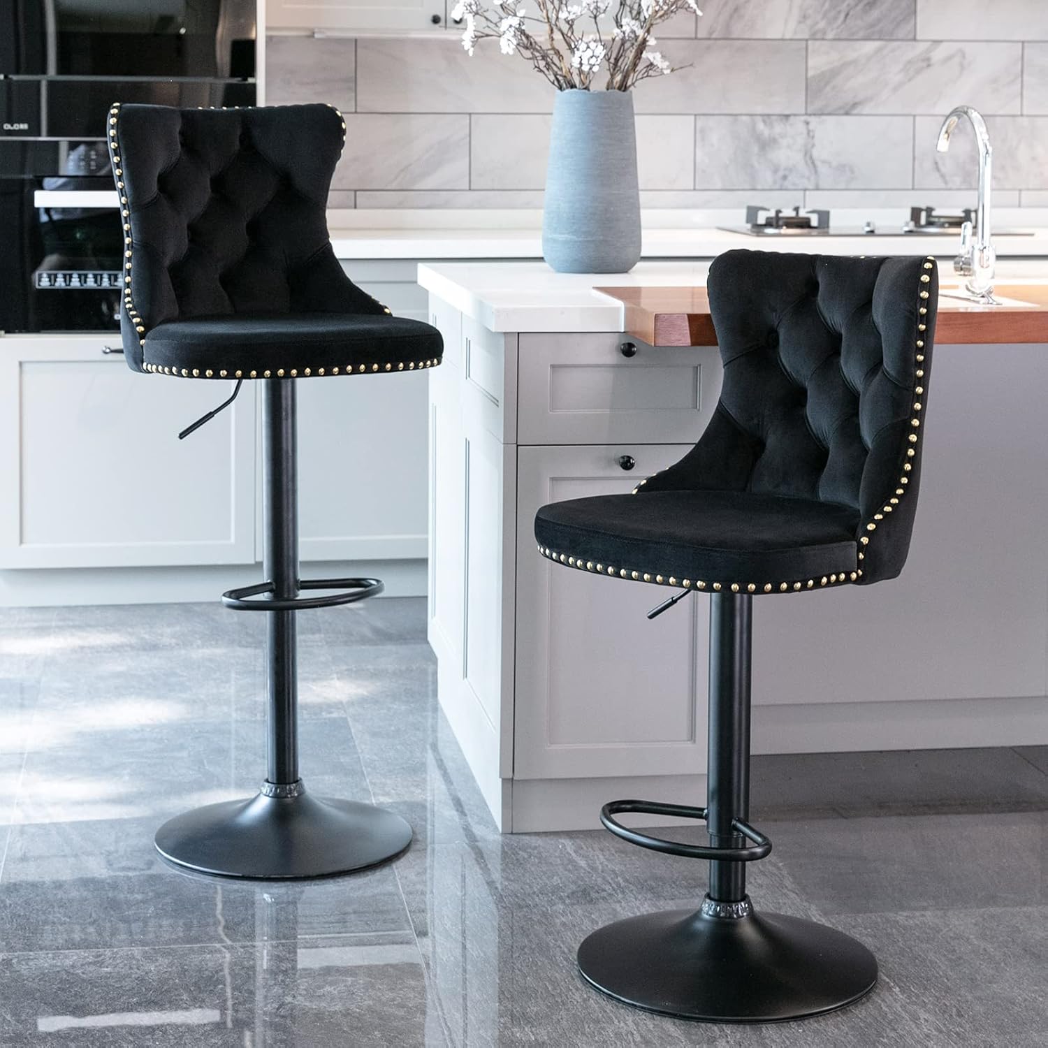 Velvet Bar Stools Set of 2 – Swivel, Adjustable Height – Modern Kitchen Island Chairs