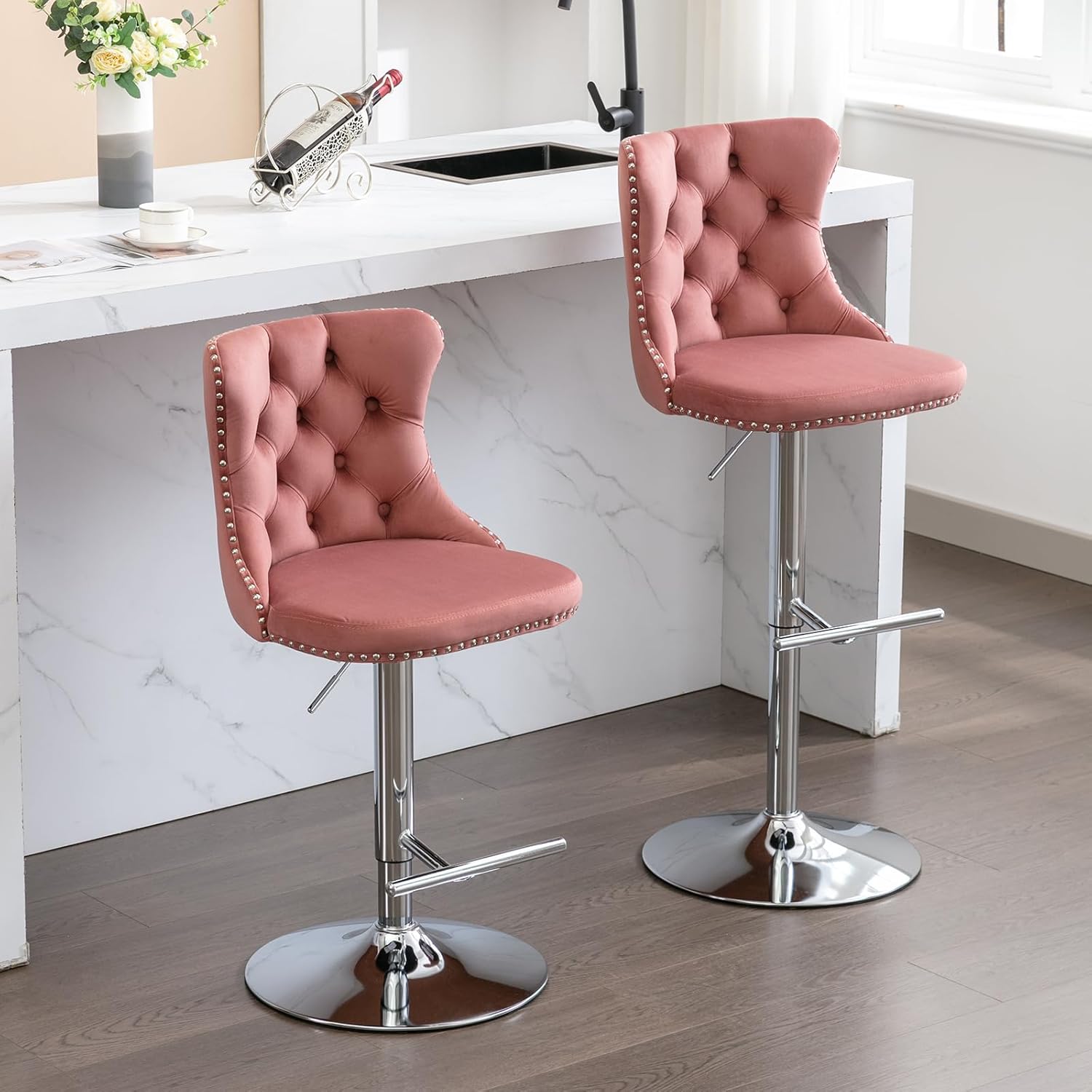 Velvet Bar Stools Set of 2 – Swivel, Adjustable Height – Modern Kitchen Island Chairs