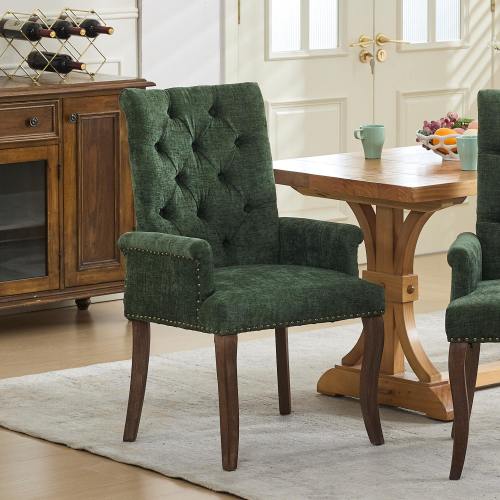 Upholstered Chenille Tufted Dining Chair with Arms – Solid Wood Frame Accent Chair for Dining Room, Kitchen & Living Room