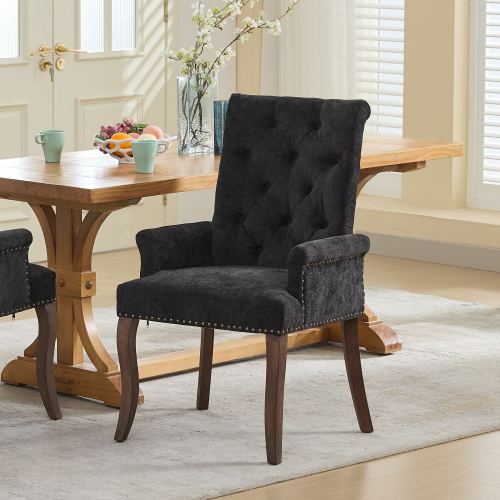 Upholstered Chenille Tufted Dining Chair with Arms – Solid Wood Frame Accent Chair for Dining Room, Kitchen & Living Room