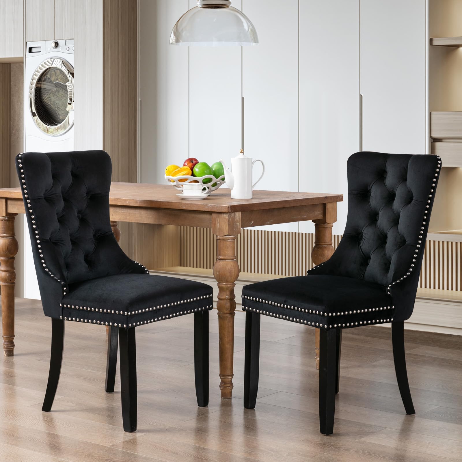 Modern Velvet Upholstered Dining Chairs Set of 2 with Nailhead Trim & Solid Wood Legs