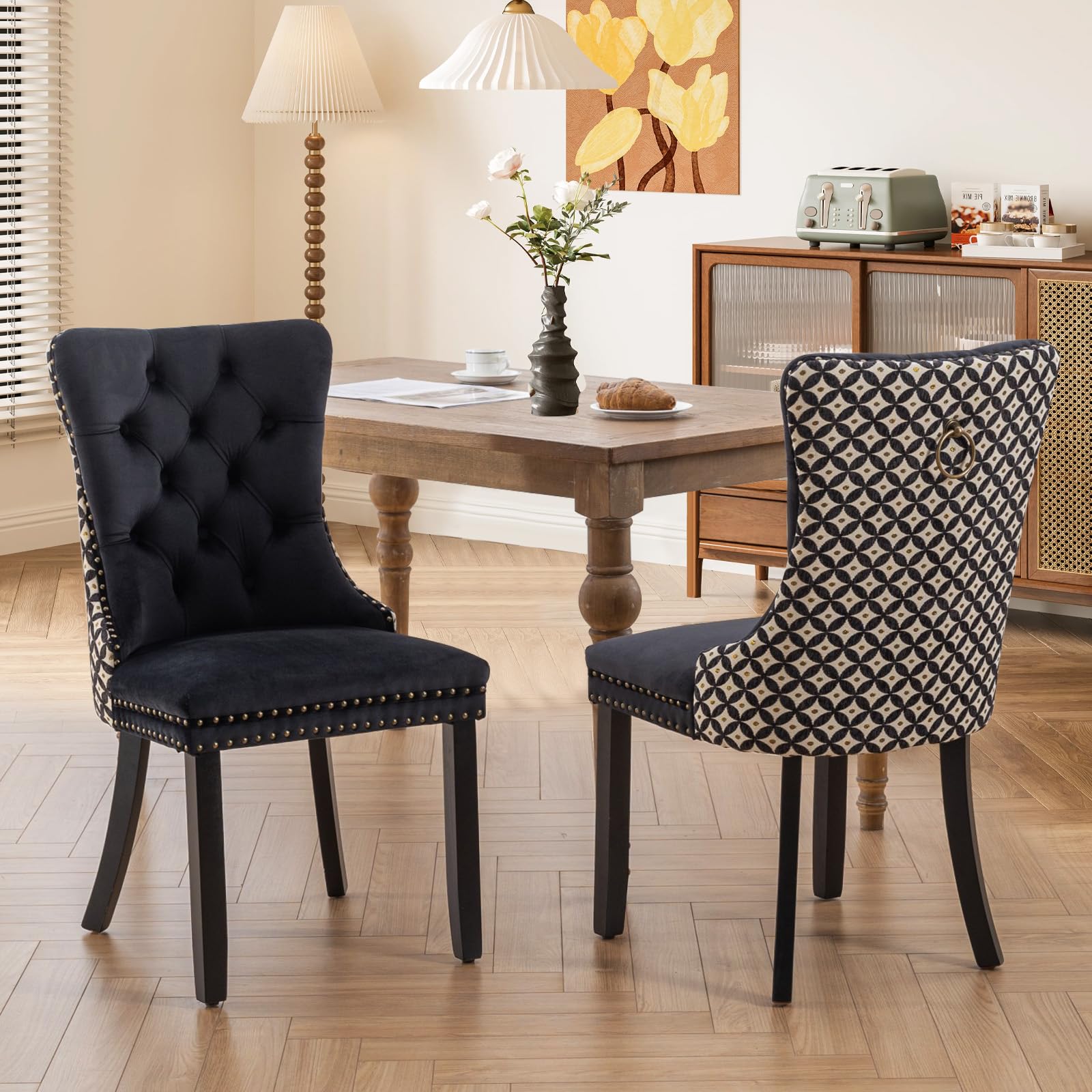 Modern Velvet Upholstered Dining Chairs Set of 2 with Nailhead Trim & Solid Wood Legs