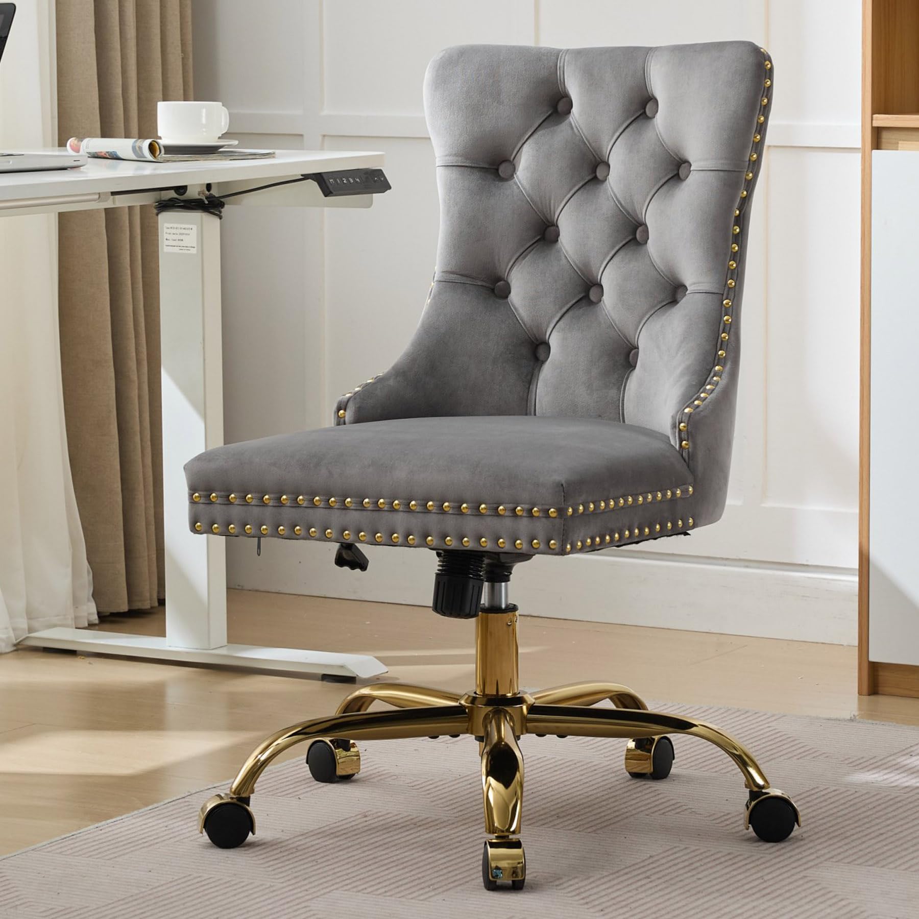 Velvet Tufted Office Chair – Adjustable Swivel Desk Chair with Gold Base & Soft Cushion