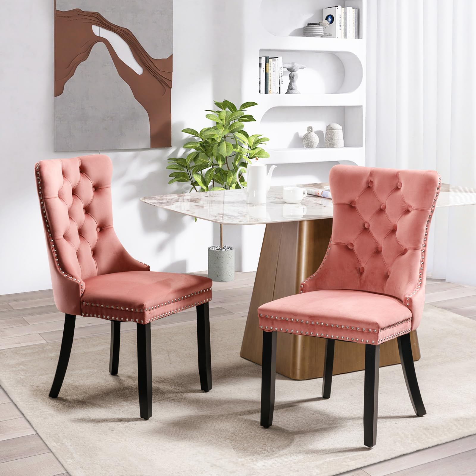 Modern Velvet Upholstered Dining Chairs Set of 2 with Nailhead Trim & Solid Wood Legs