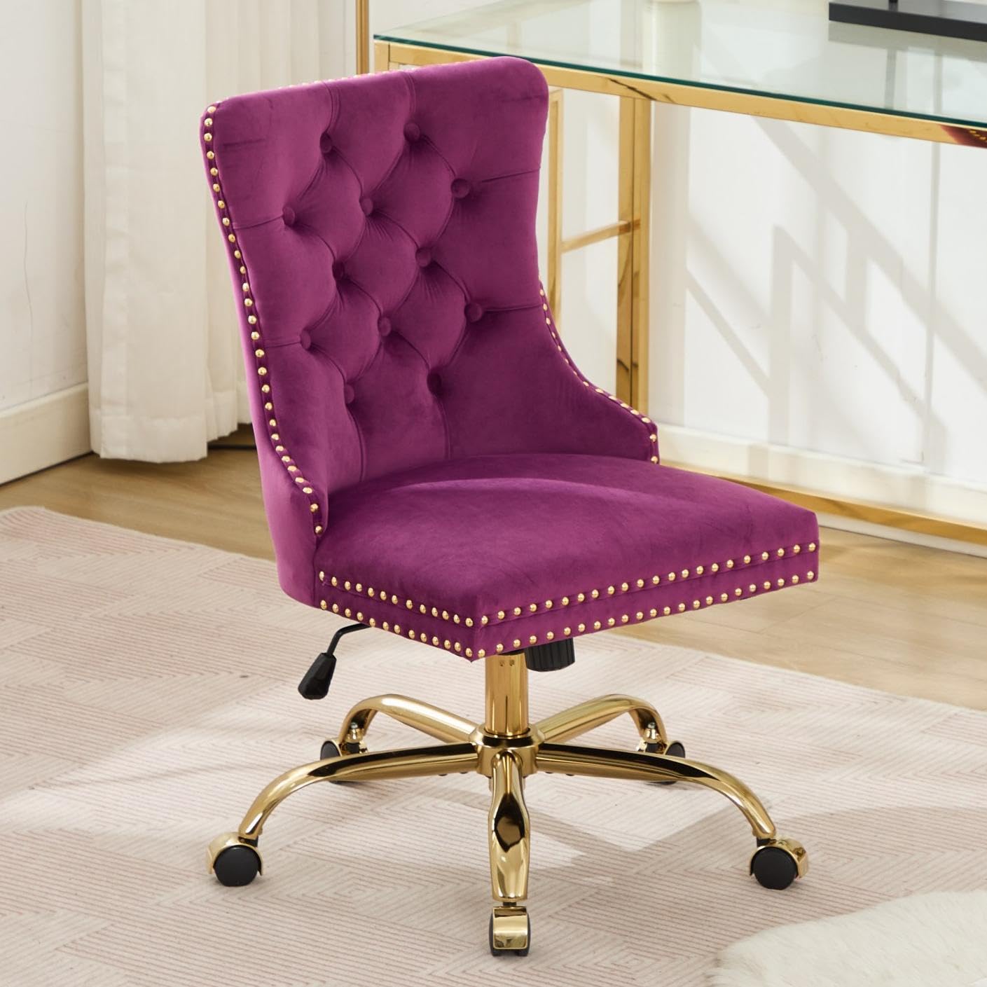 Velvet Tufted Office Chair – Adjustable Swivel Desk Chair with Gold Base & Soft Cushion
