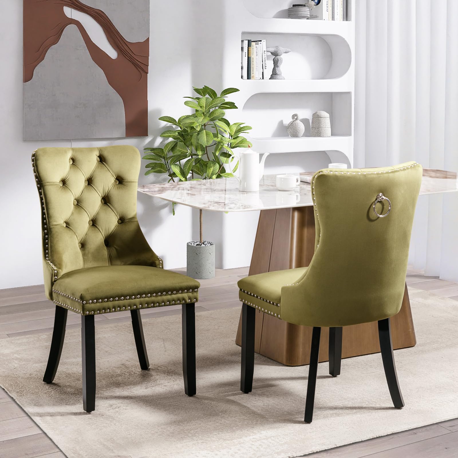 Modern Velvet Upholstered Dining Chairs Set of 2 with Nailhead Trim & Solid Wood Legs