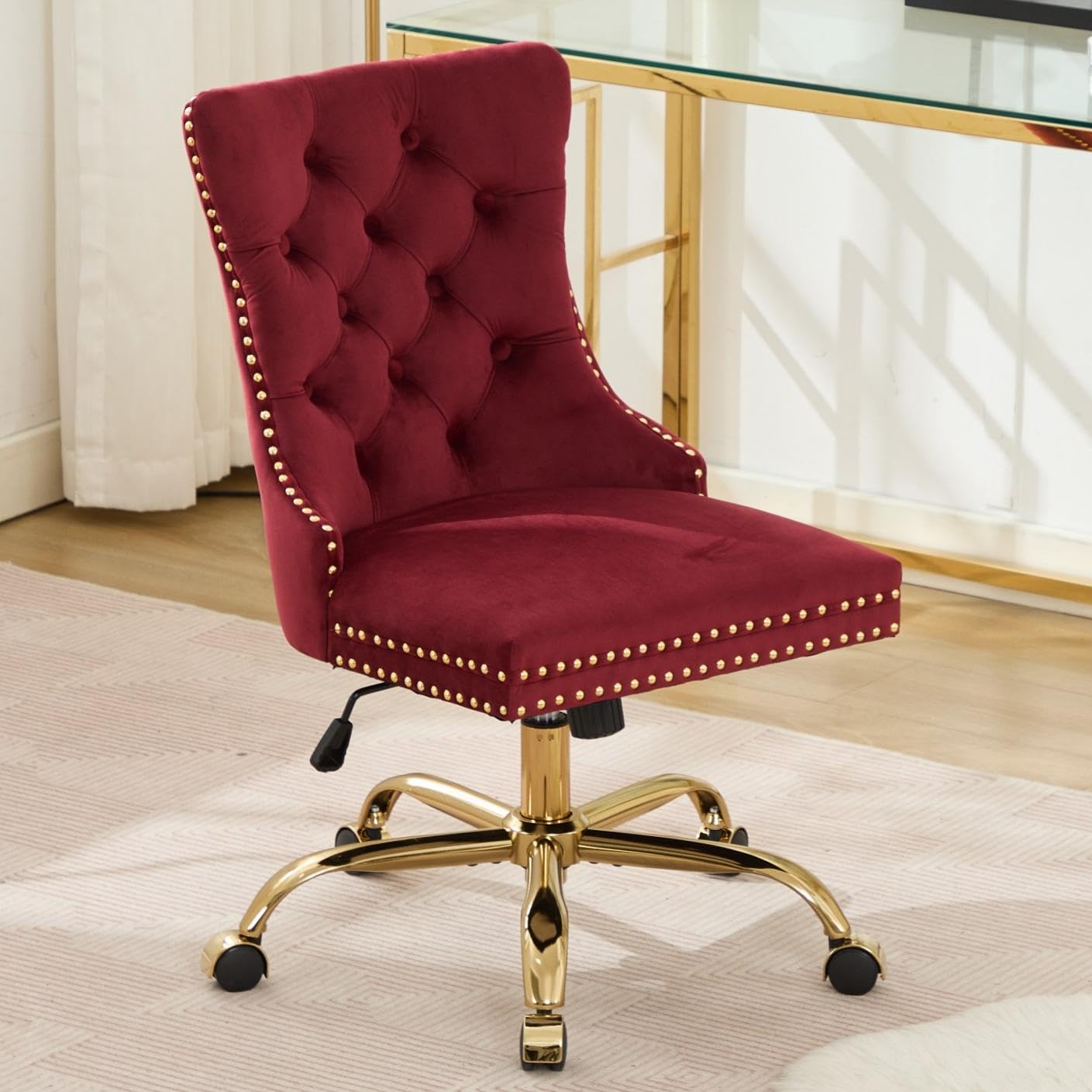 Velvet Tufted Office Chair – Adjustable Swivel Desk Chair with Gold Base & Soft Cushion