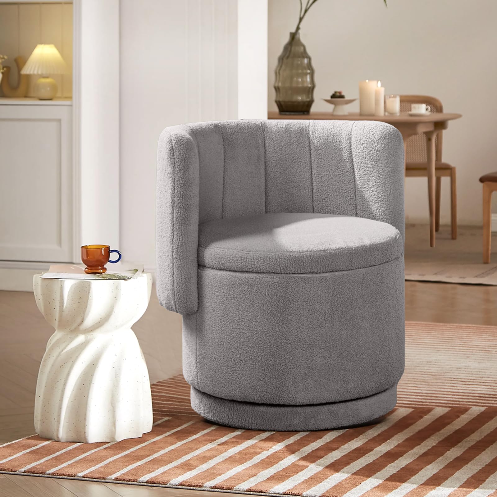 Modern 360° Swivel Accent Chair with Storage – Bouclé Barrel Chair for Living Room or Bedroom