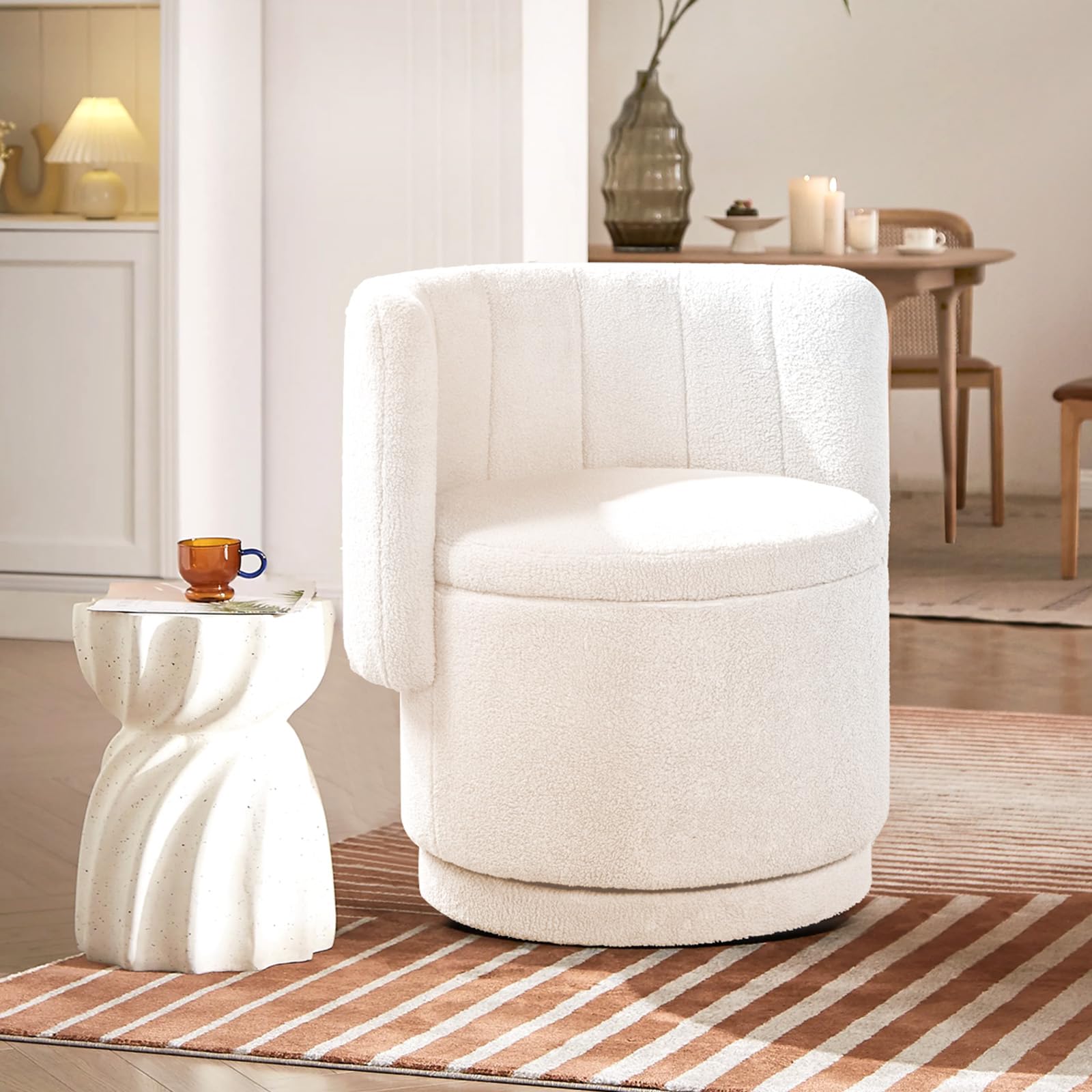 Modern 360° Swivel Accent Chair with Storage – Bouclé Barrel Chair for Living Room or Bedroom