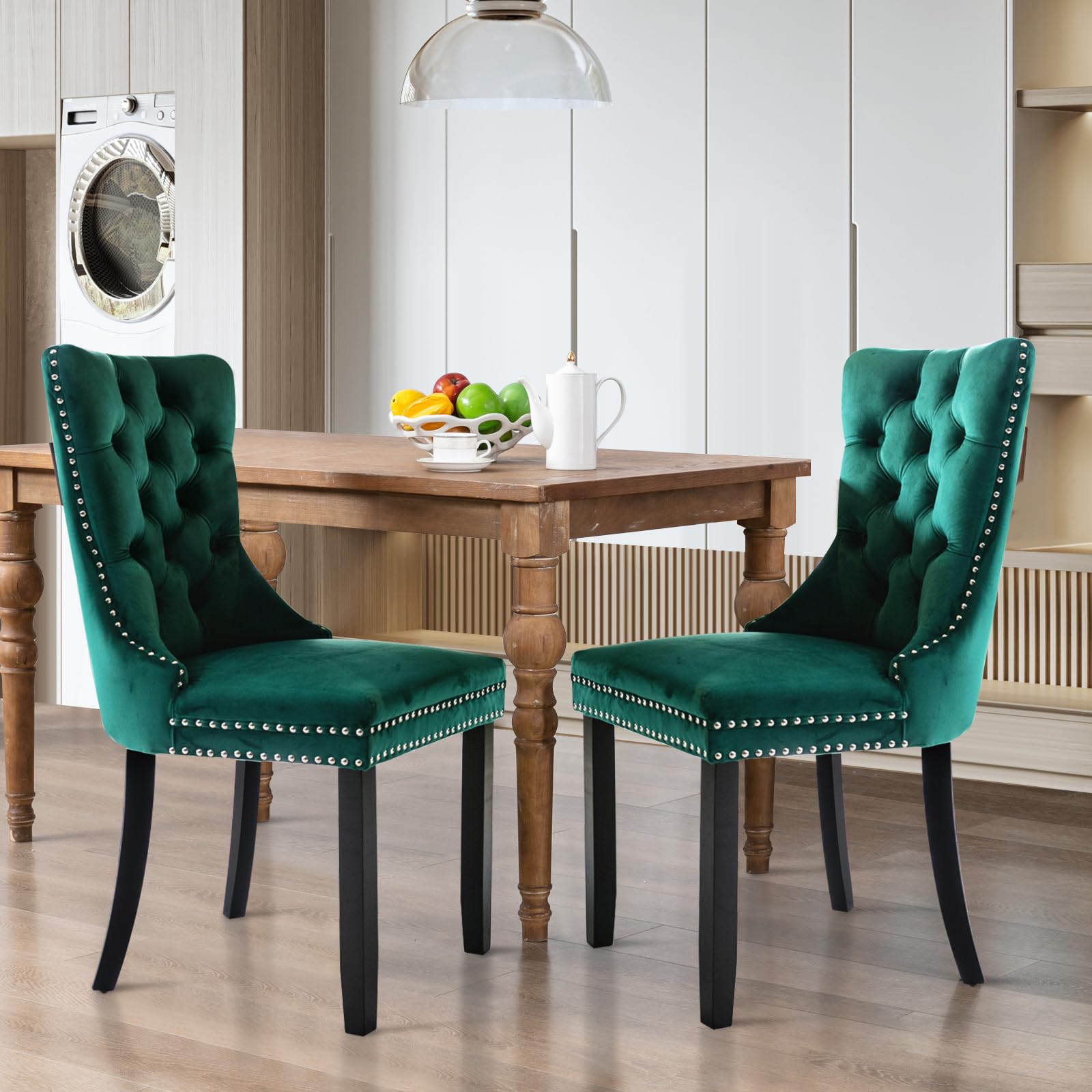 Modern Velvet Upholstered Dining Chairs Set of 2 with Nailhead Trim & Solid Wood Legs