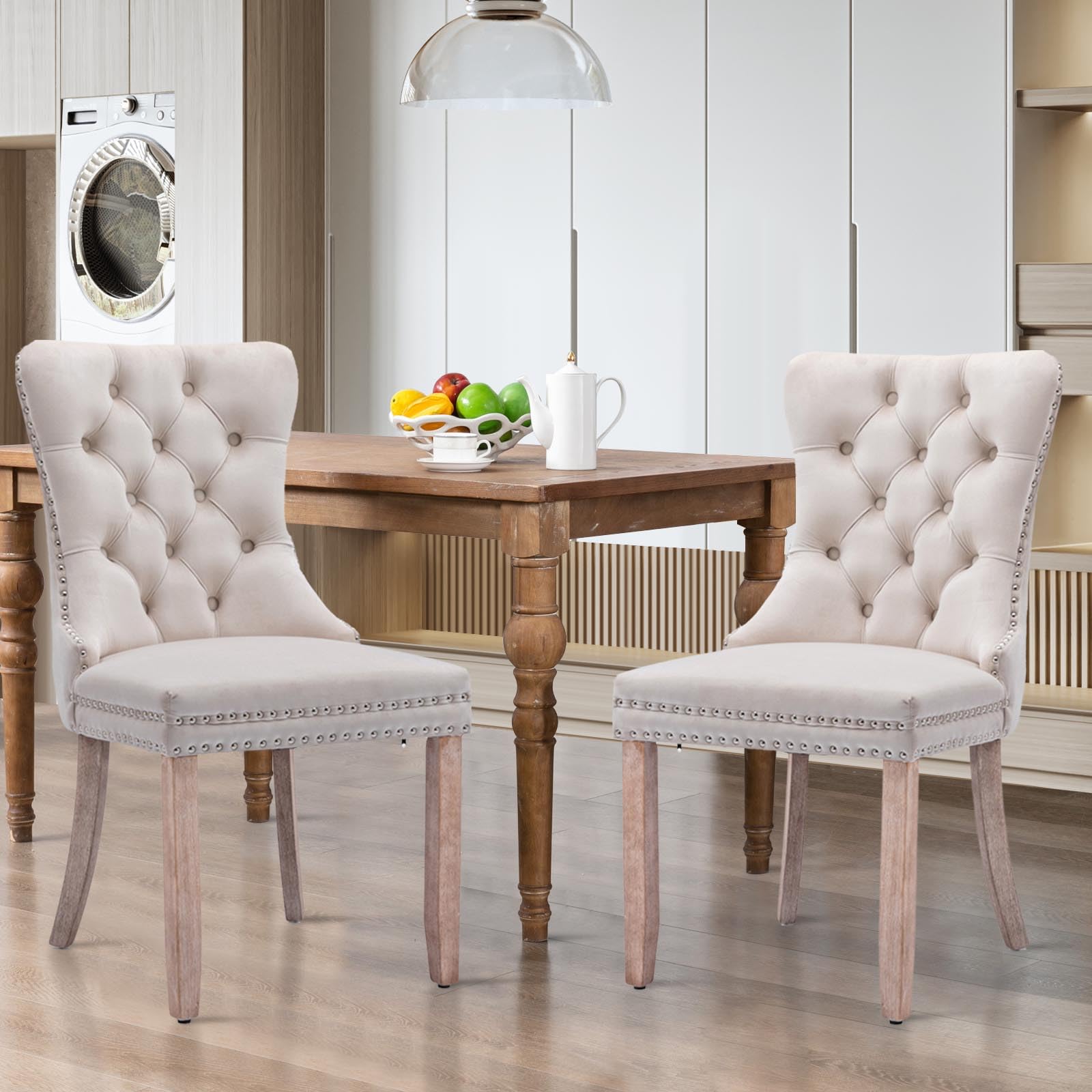 Modern Velvet Upholstered Dining Chairs Set of 2 with Nailhead Trim & Solid Wood Legs