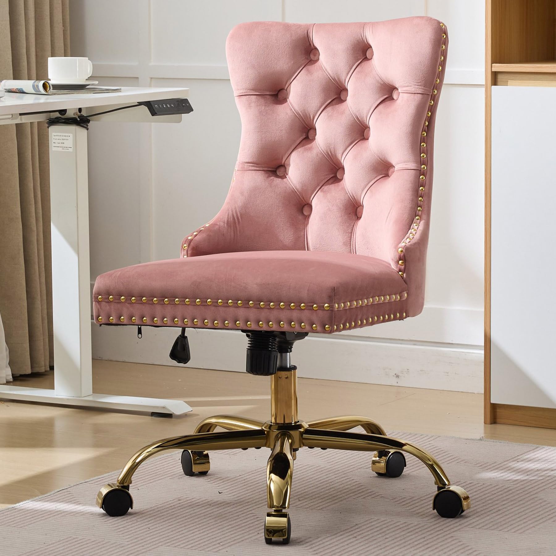 Velvet Tufted Office Chair – Adjustable Swivel Desk Chair with Gold Base & Soft Cushion