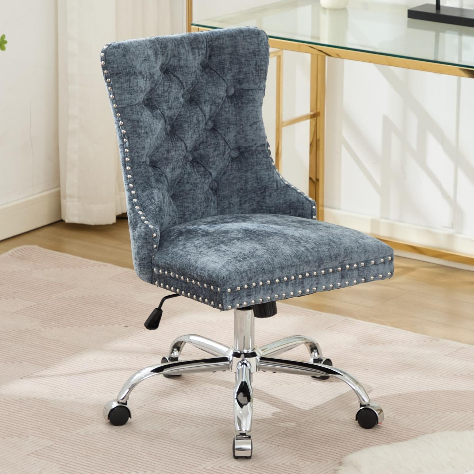Velvet Tufted Office Chair – Adjustable Swivel Desk Chair with Gold Base & Soft Cushion