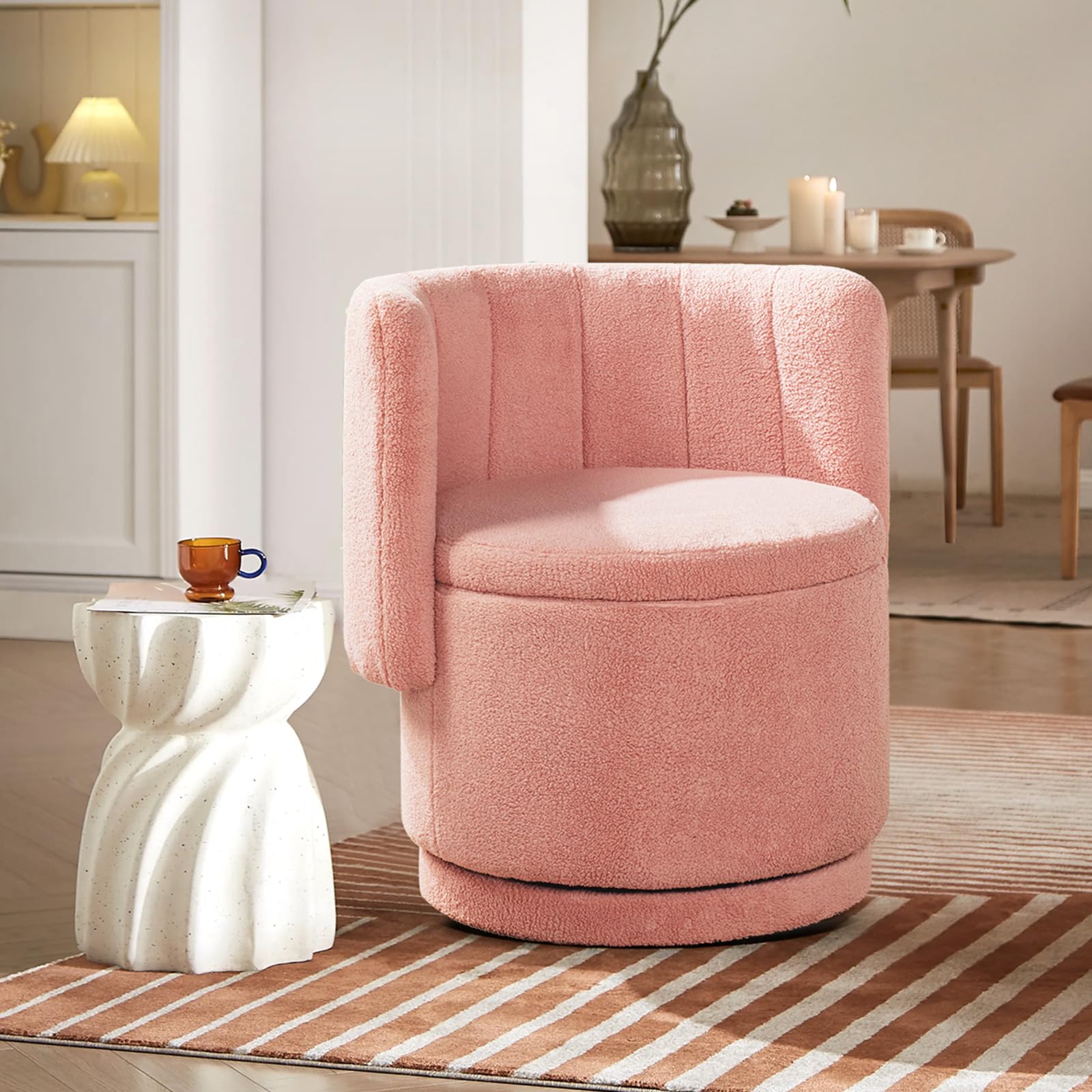 Modern 360° Swivel Accent Chair with Storage – Bouclé Barrel Chair for Living Room or Bedroom