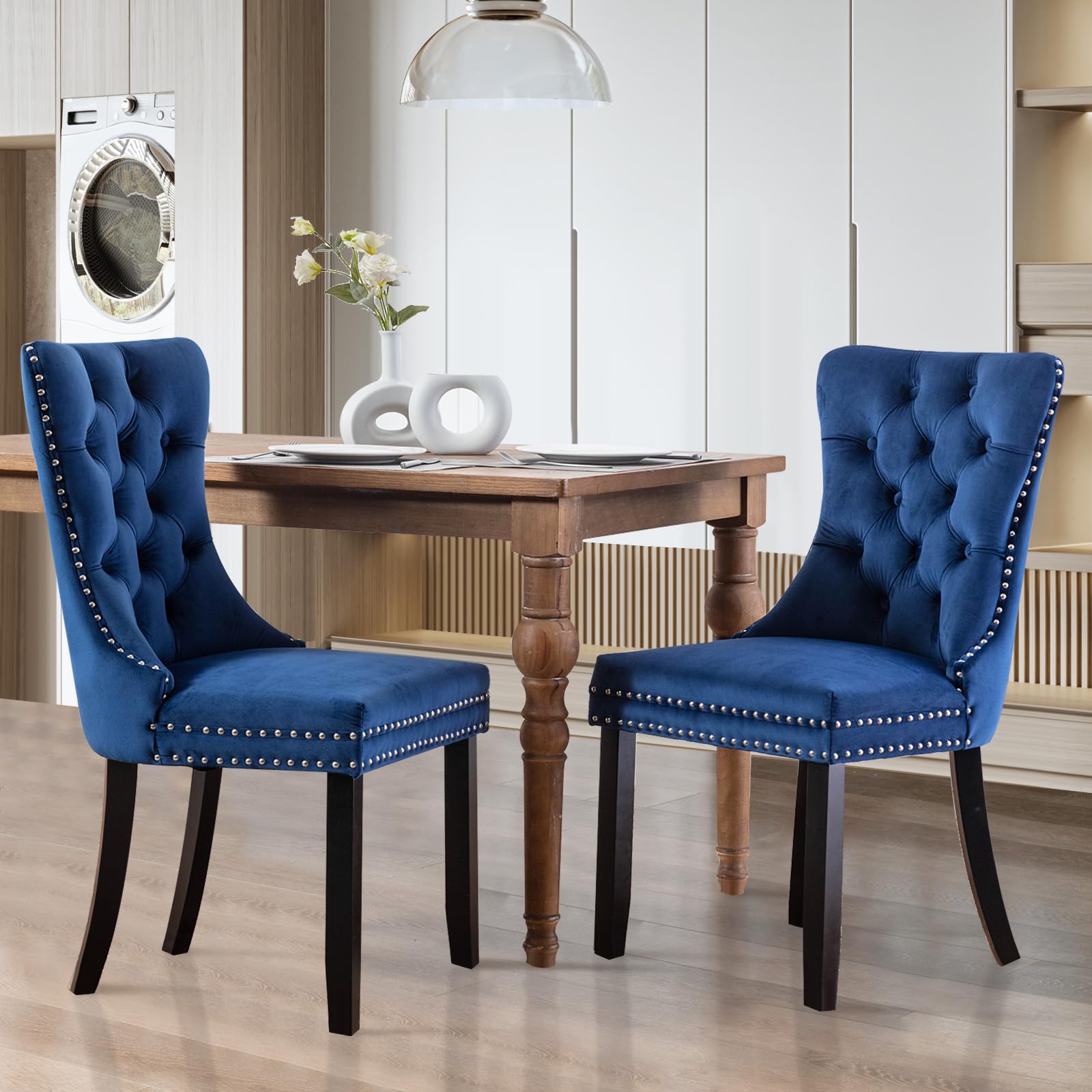 Modern Velvet Upholstered Dining Chairs Set of 2 with Nailhead Trim & Solid Wood Legs