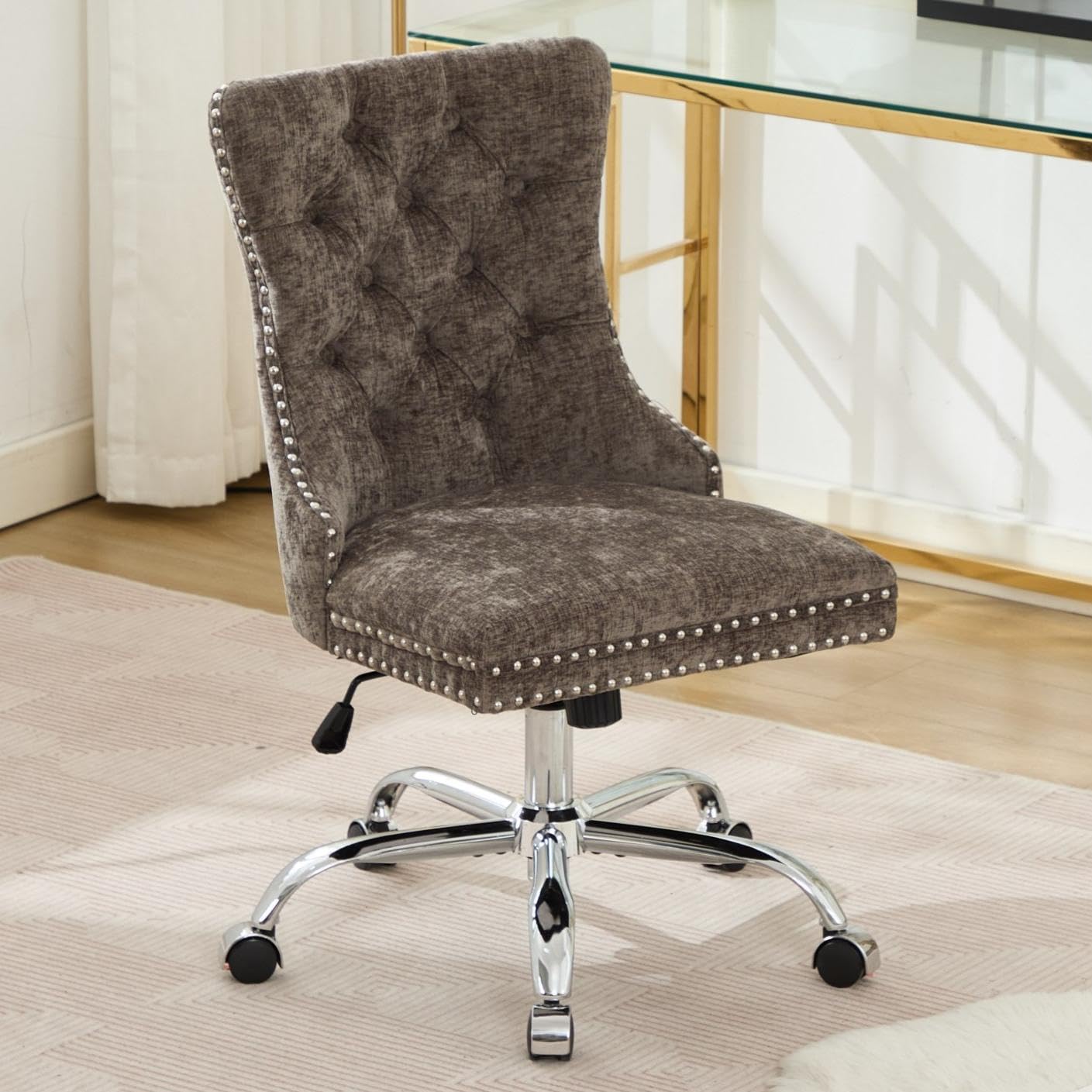 Velvet Tufted Office Chair – Adjustable Swivel Desk Chair with Gold Base & Soft Cushion
