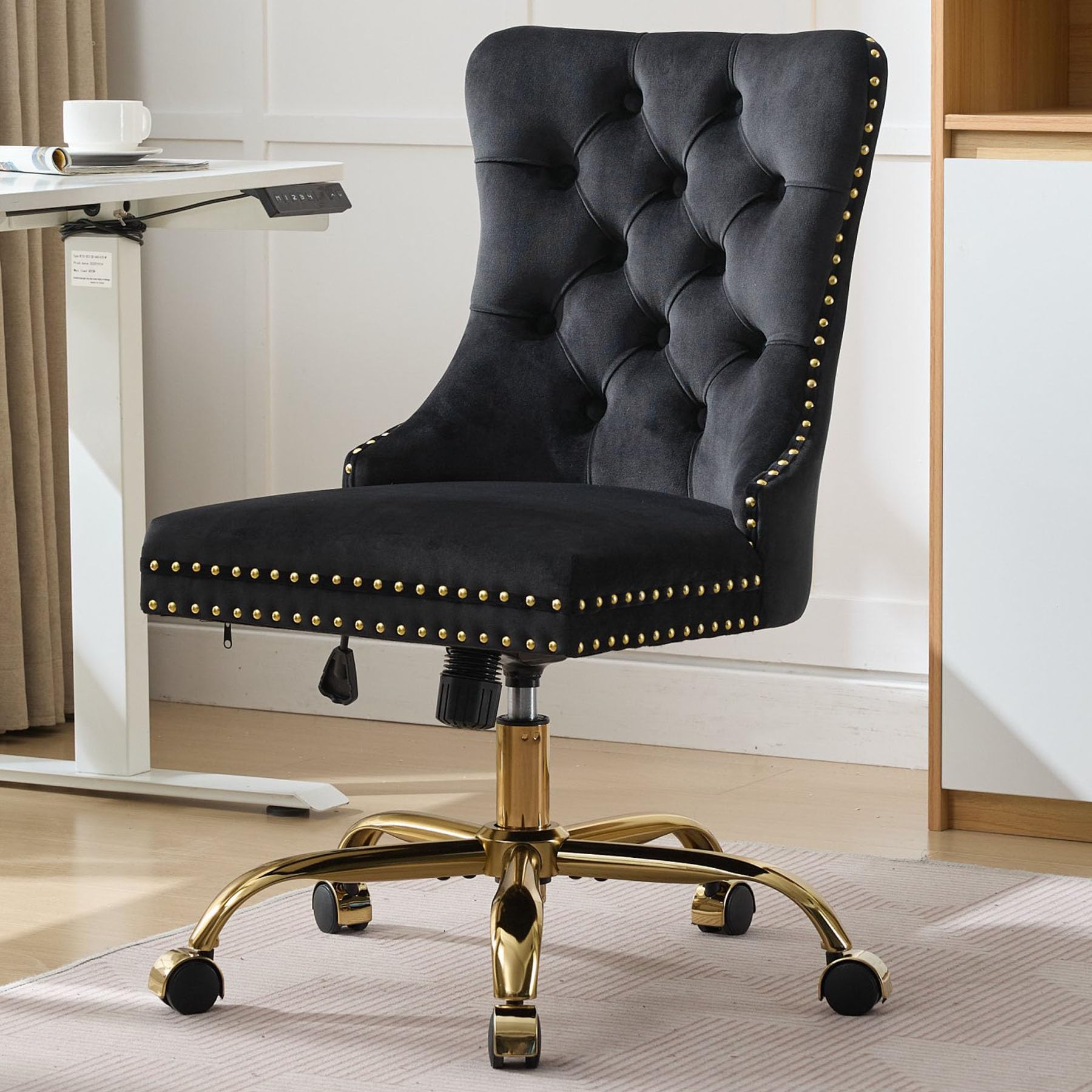 Velvet Tufted Office Chair – Adjustable Swivel Desk Chair with Gold Base & Soft Cushion