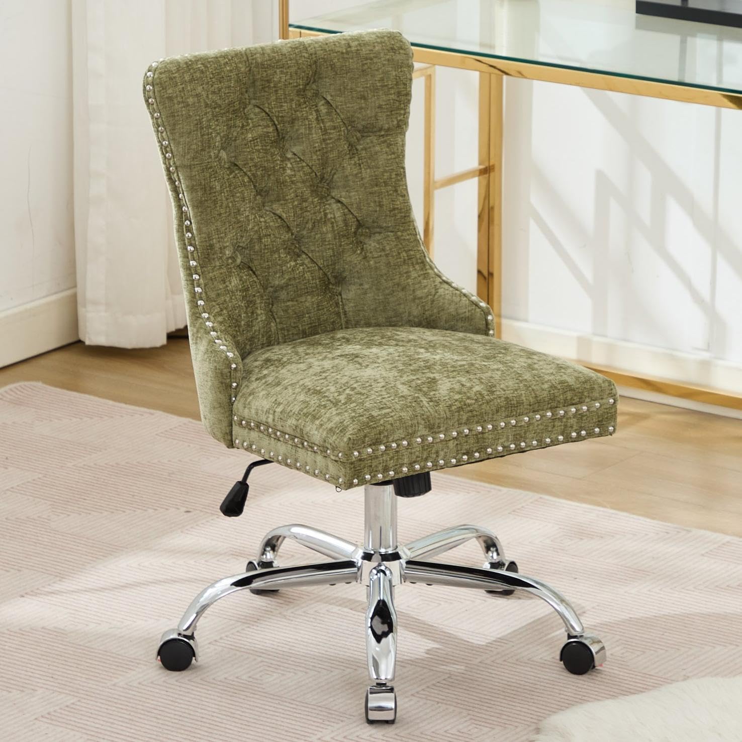 Velvet Tufted Office Chair – Adjustable Swivel Desk Chair with Gold Base & Soft Cushion