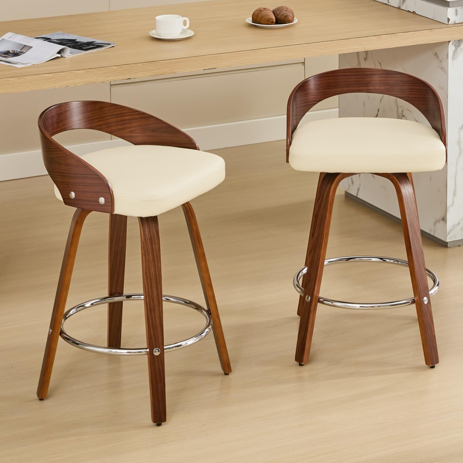 Walnut Low Back Swivel Bar Stools Set of 2