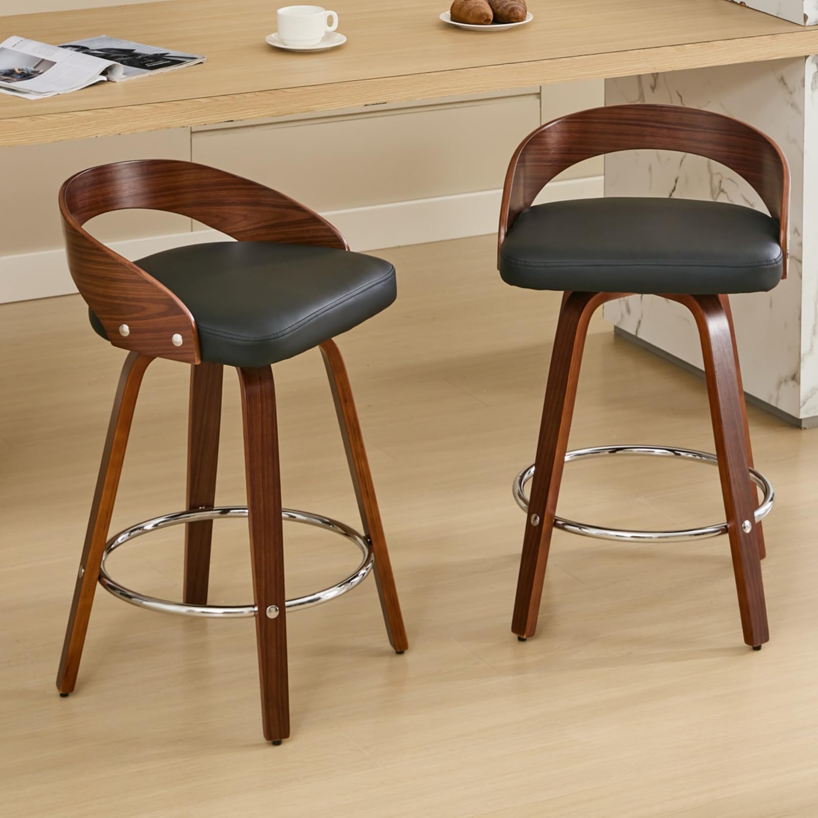 Walnut Low Back Swivel Bar Stools Set of 2