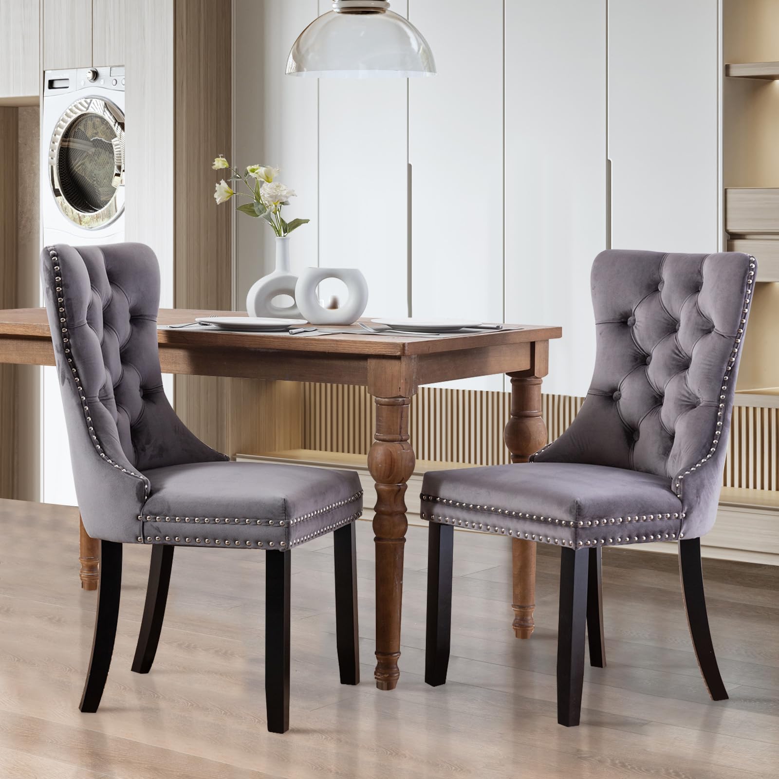 Modern Velvet Upholstered Dining Chairs Set of 2 with Nailhead Trim & Solid Wood Legs