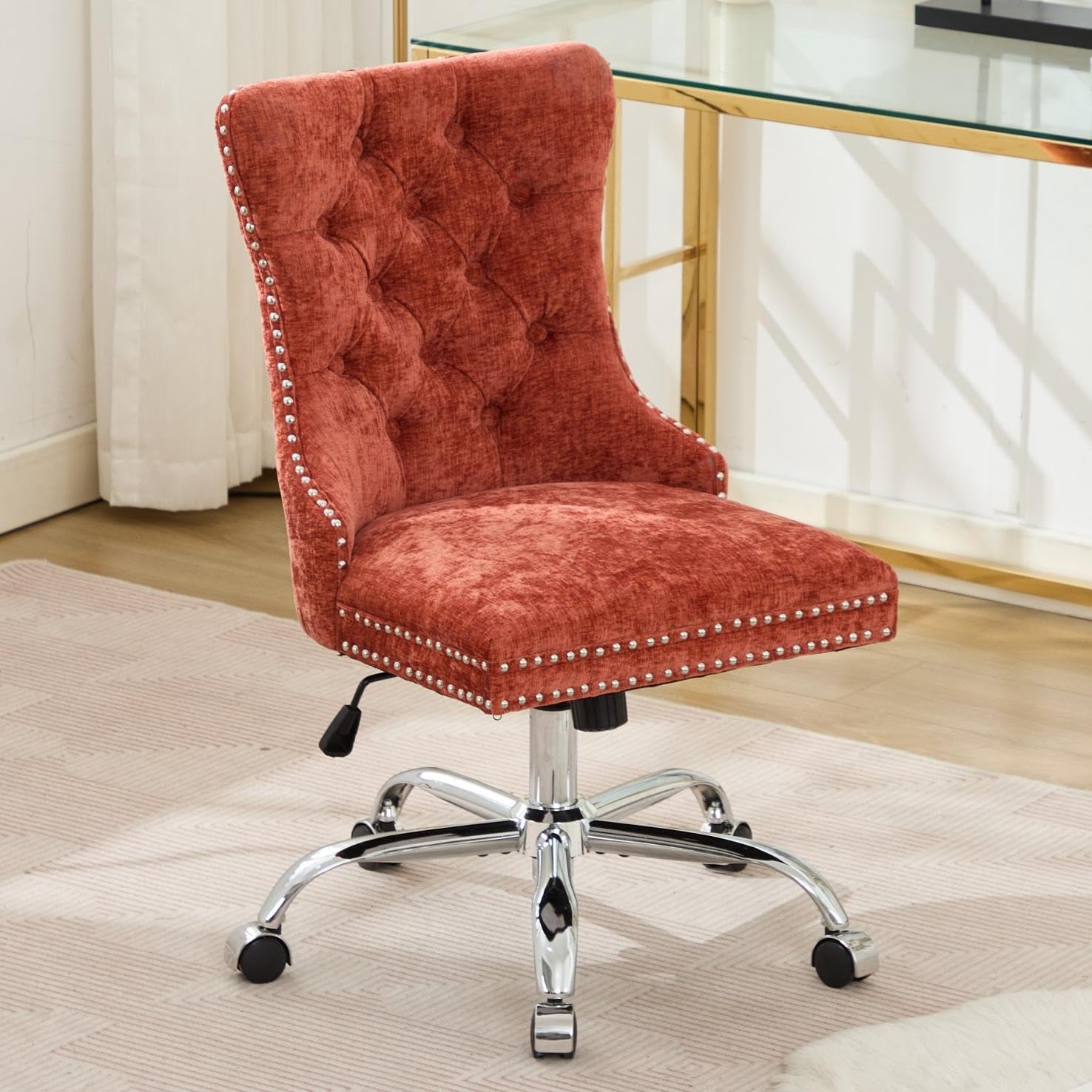 Velvet Tufted Office Chair – Adjustable Swivel Desk Chair with Gold Base & Soft Cushion
