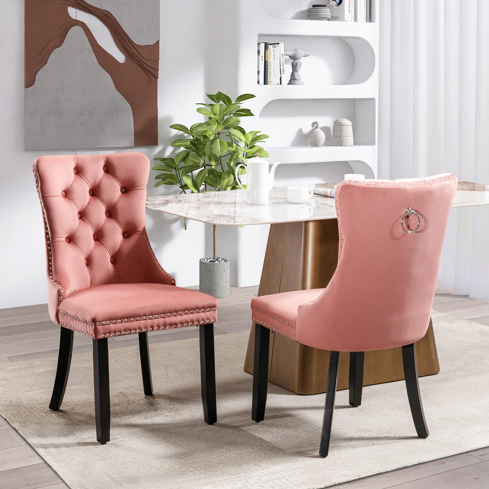 Modern Velvet Upholstered Dining Chairs Set of 2 with Nailhead Trim & Solid Wood Legs