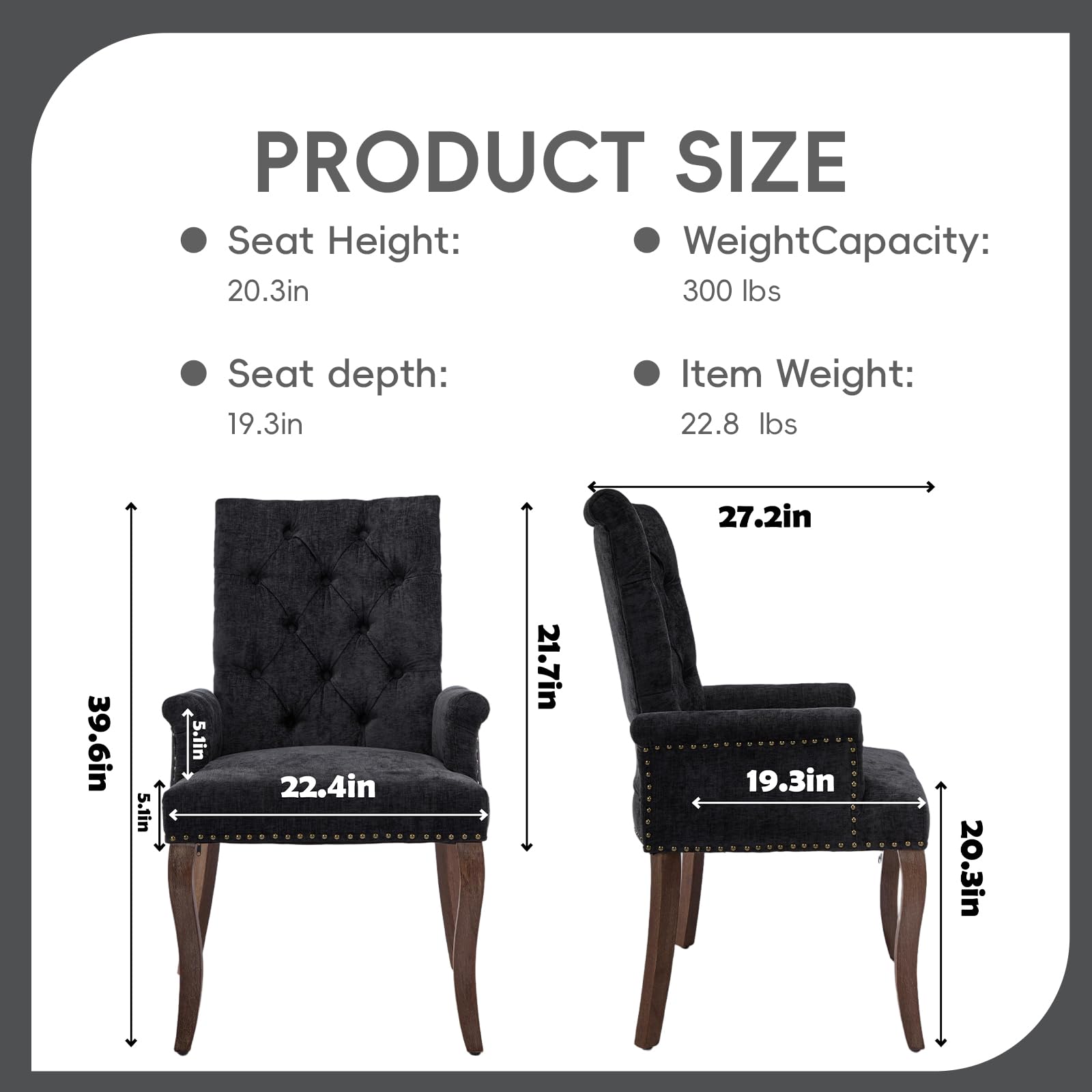 Upholstered Chenille Tufted Dining Chair with Arms – Solid Wood Frame Accent Chair for Dining Room, Kitchen & Living Room