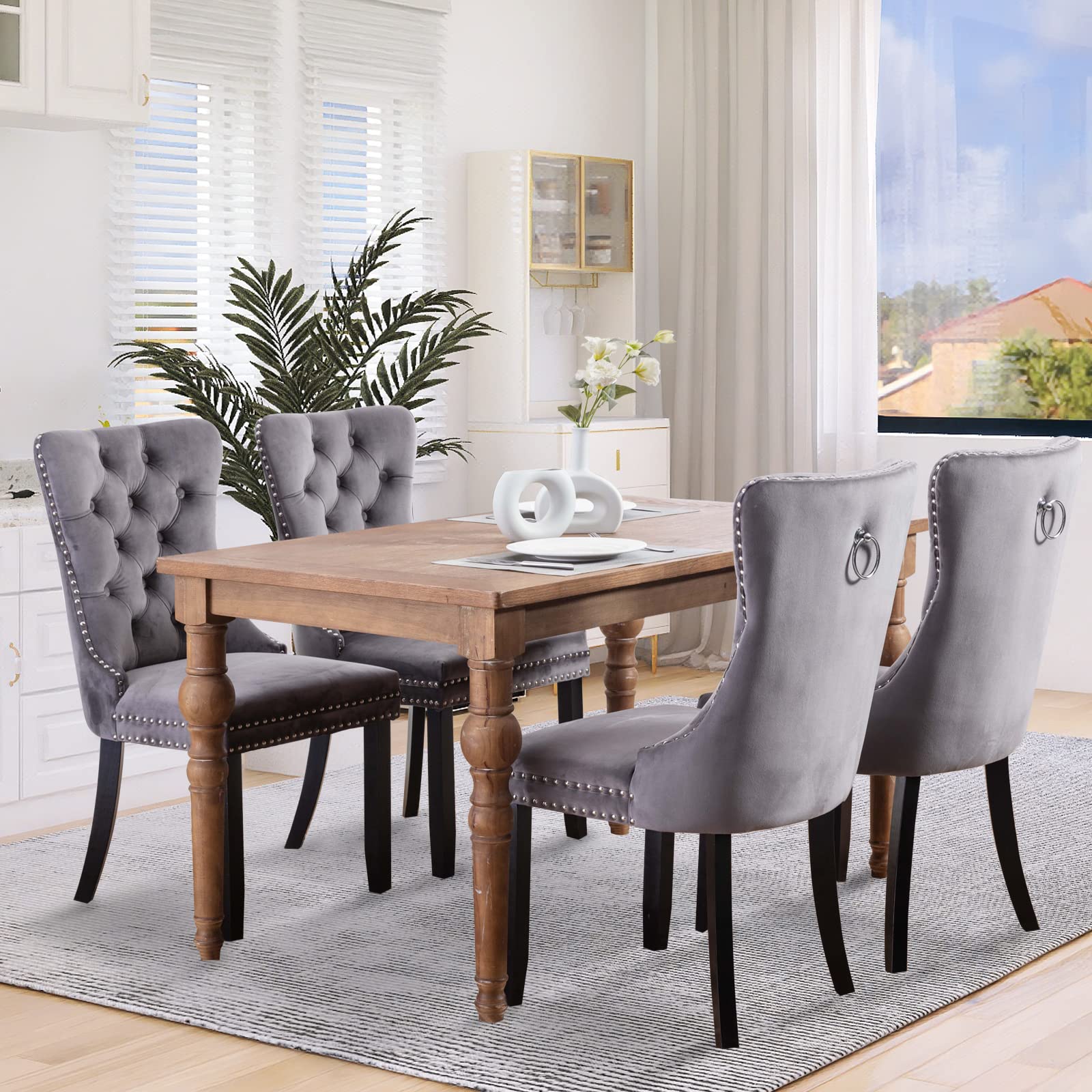 Modern Velvet Upholstered Dining Chairs Set of 2 with Nailhead Trim & Solid Wood Legs