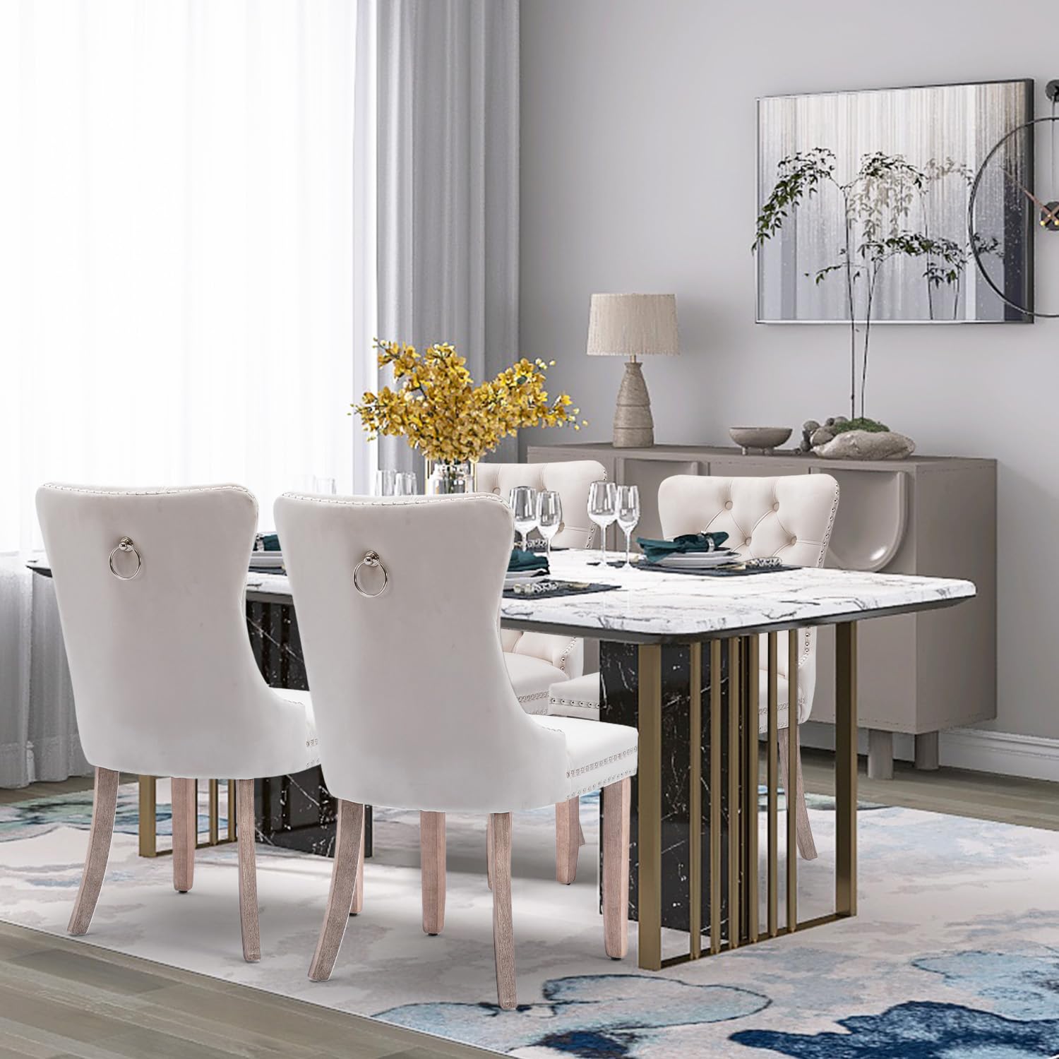 Modern Velvet Upholstered Dining Chairs Set of 2 with Nailhead Trim & Solid Wood Legs