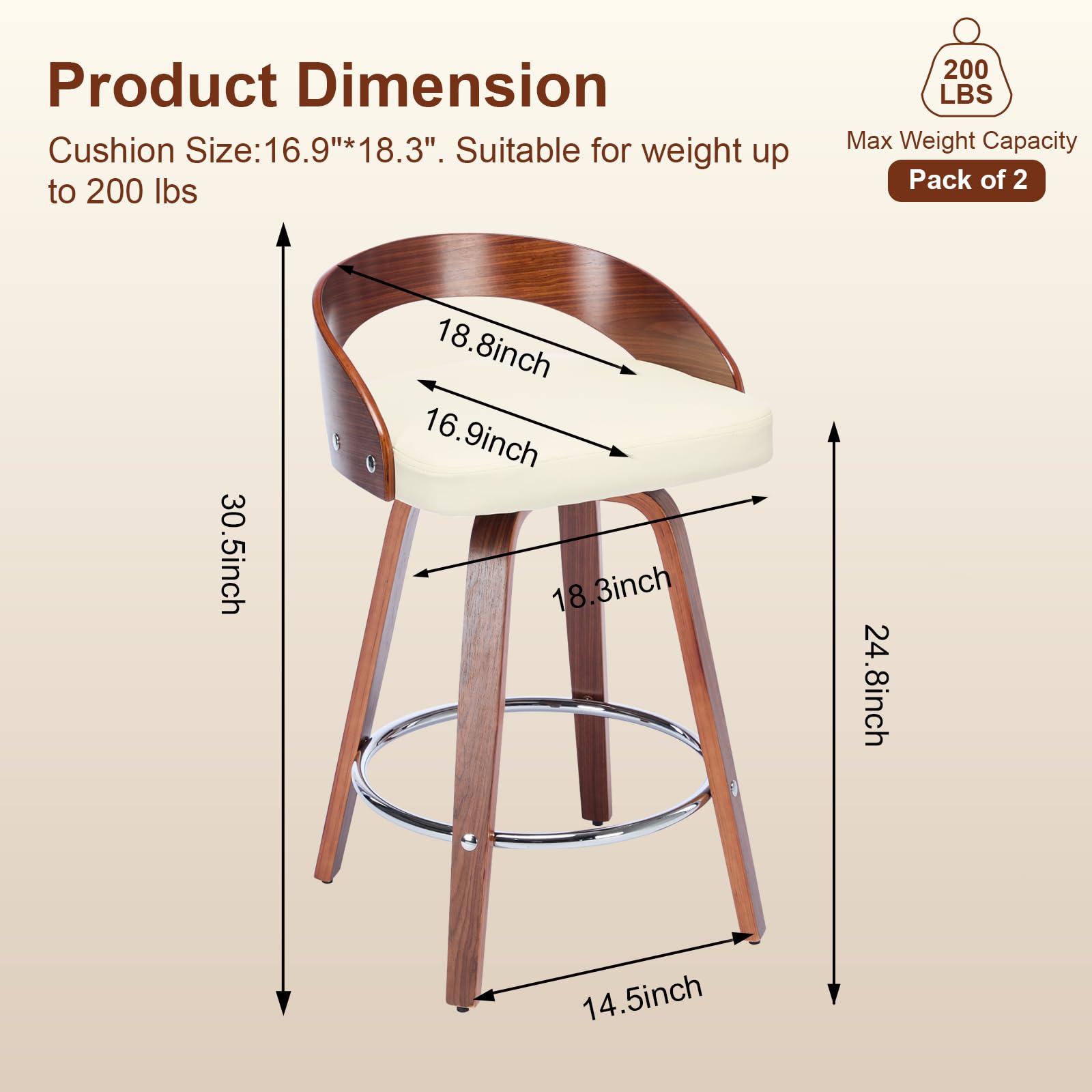 Walnut Low Back Swivel Bar Stools Set of 2