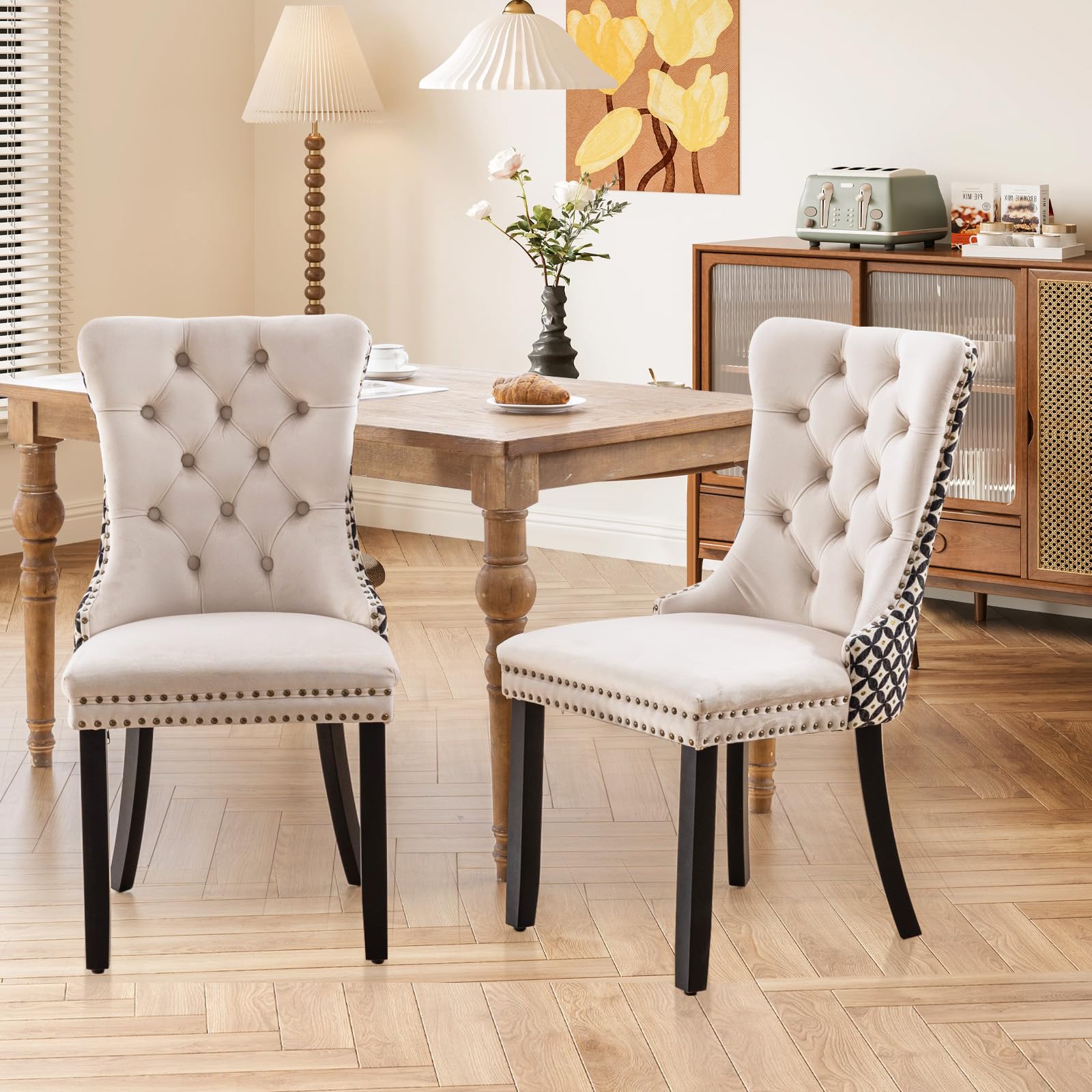 Modern Velvet Upholstered Dining Chairs Set of 2 with Nailhead Trim & Solid Wood Legs