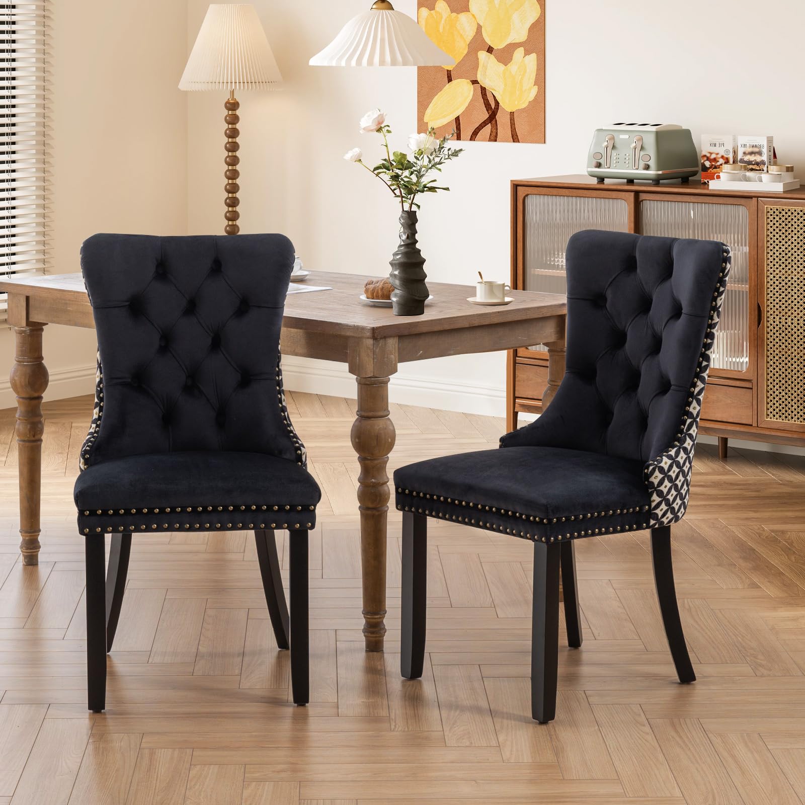 Modern Velvet Upholstered Dining Chairs Set of 2 with Nailhead Trim & Solid Wood Legs