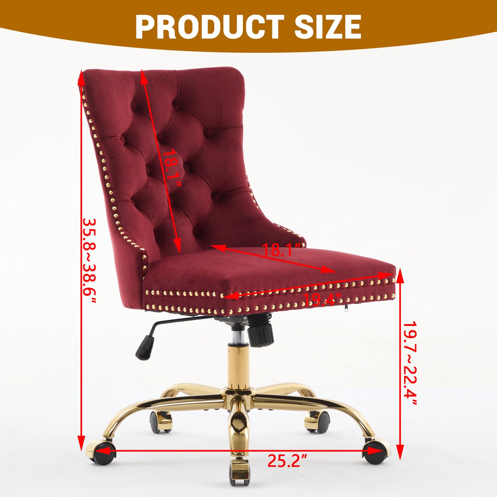Velvet Tufted Office Chair – Adjustable Swivel Desk Chair with Gold Base & Soft Cushion