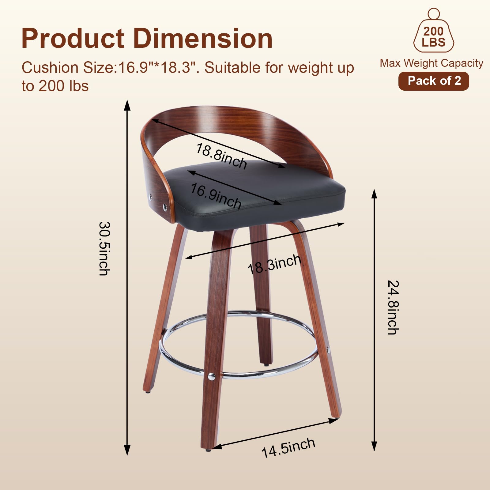 Walnut Low Back Swivel Bar Stools Set of 2