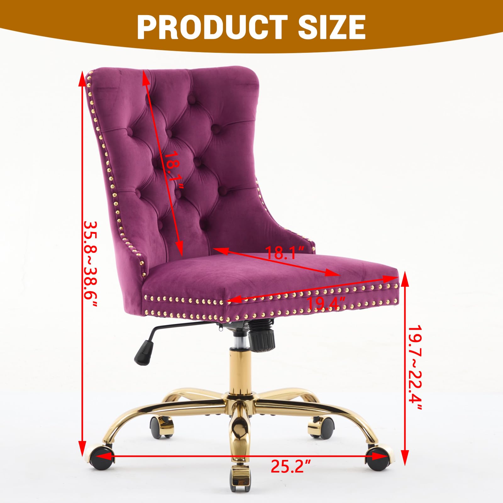 Velvet Tufted Office Chair – Adjustable Swivel Desk Chair with Gold Base & Soft Cushion