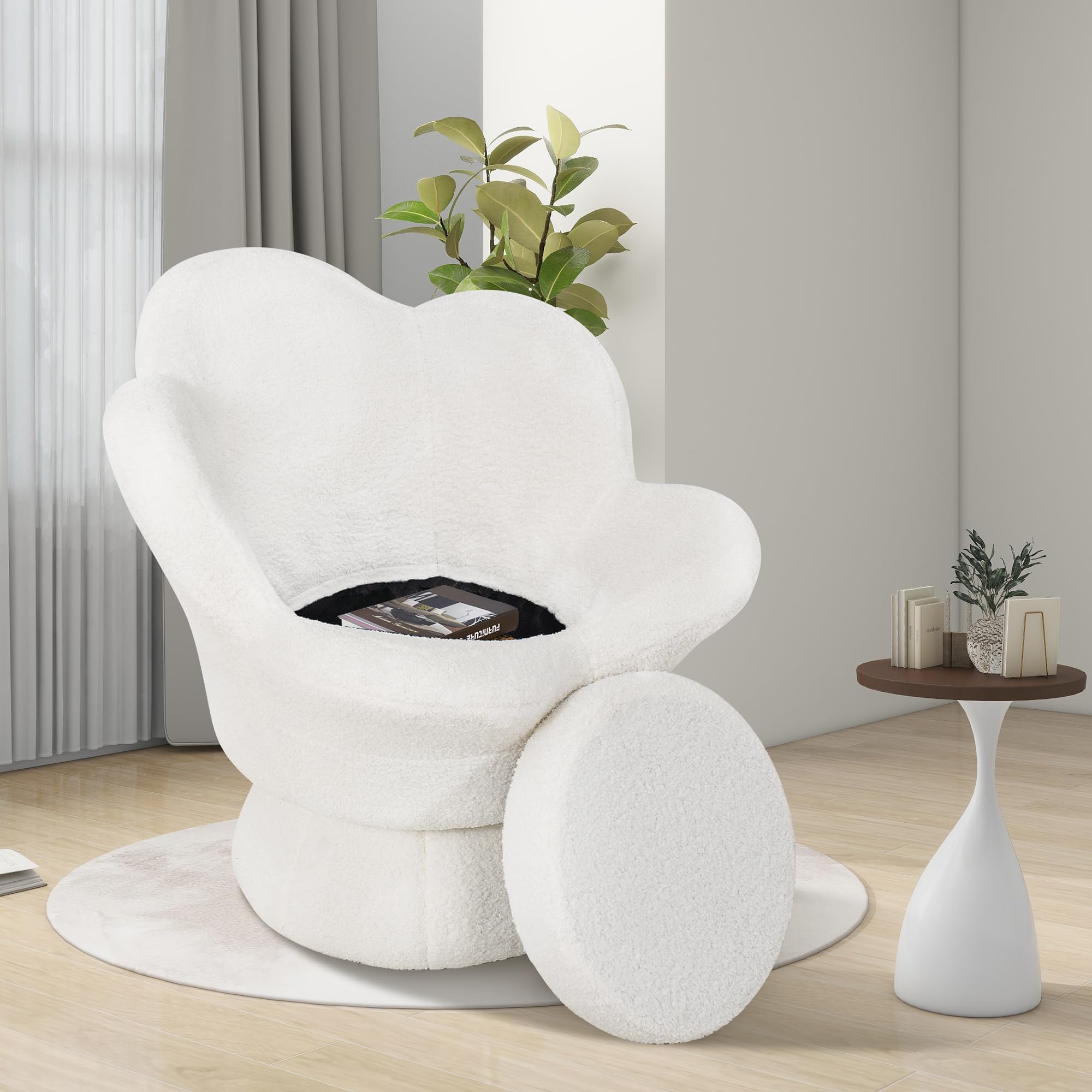 Bouclé Flower Swivel Vanity Chair – 360° Petal Accent Chair for Bedroom or Living Room