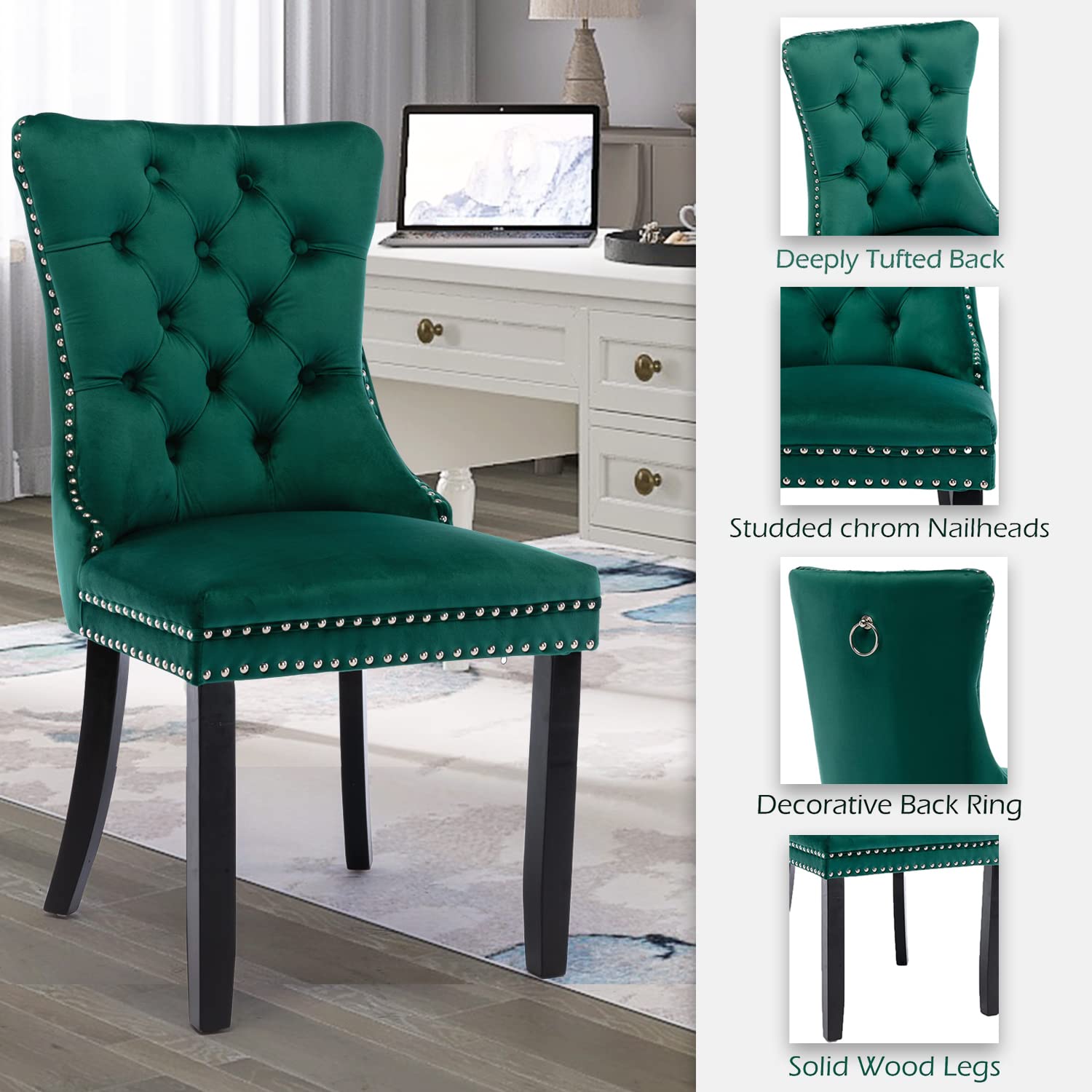 Modern Velvet Upholstered Dining Chairs Set of 2 with Nailhead Trim & Solid Wood Legs