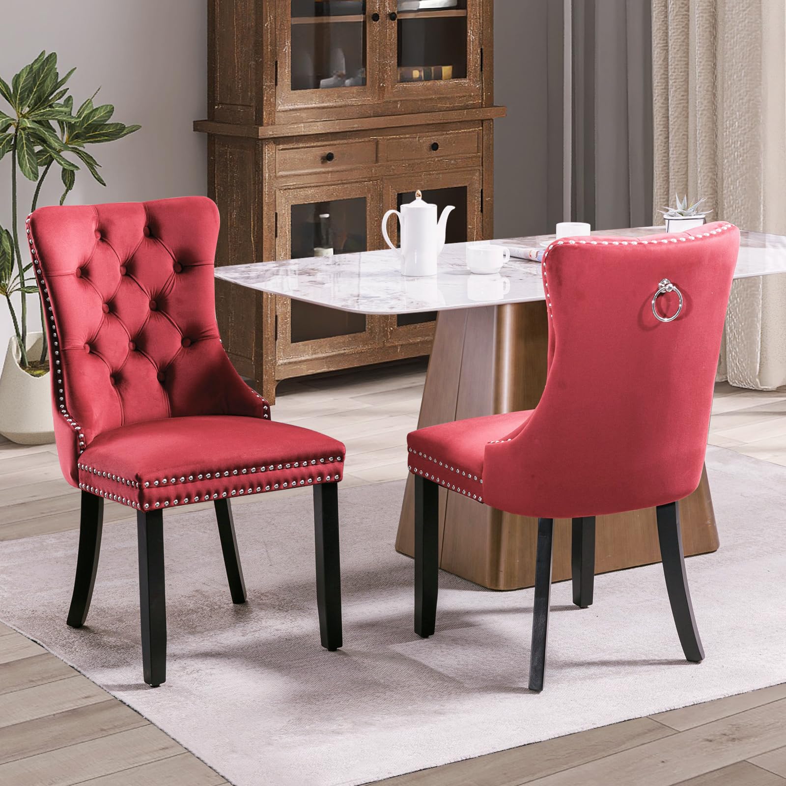 Modern Velvet Upholstered Dining Chairs Set of 2 with Nailhead Trim & Solid Wood Legs