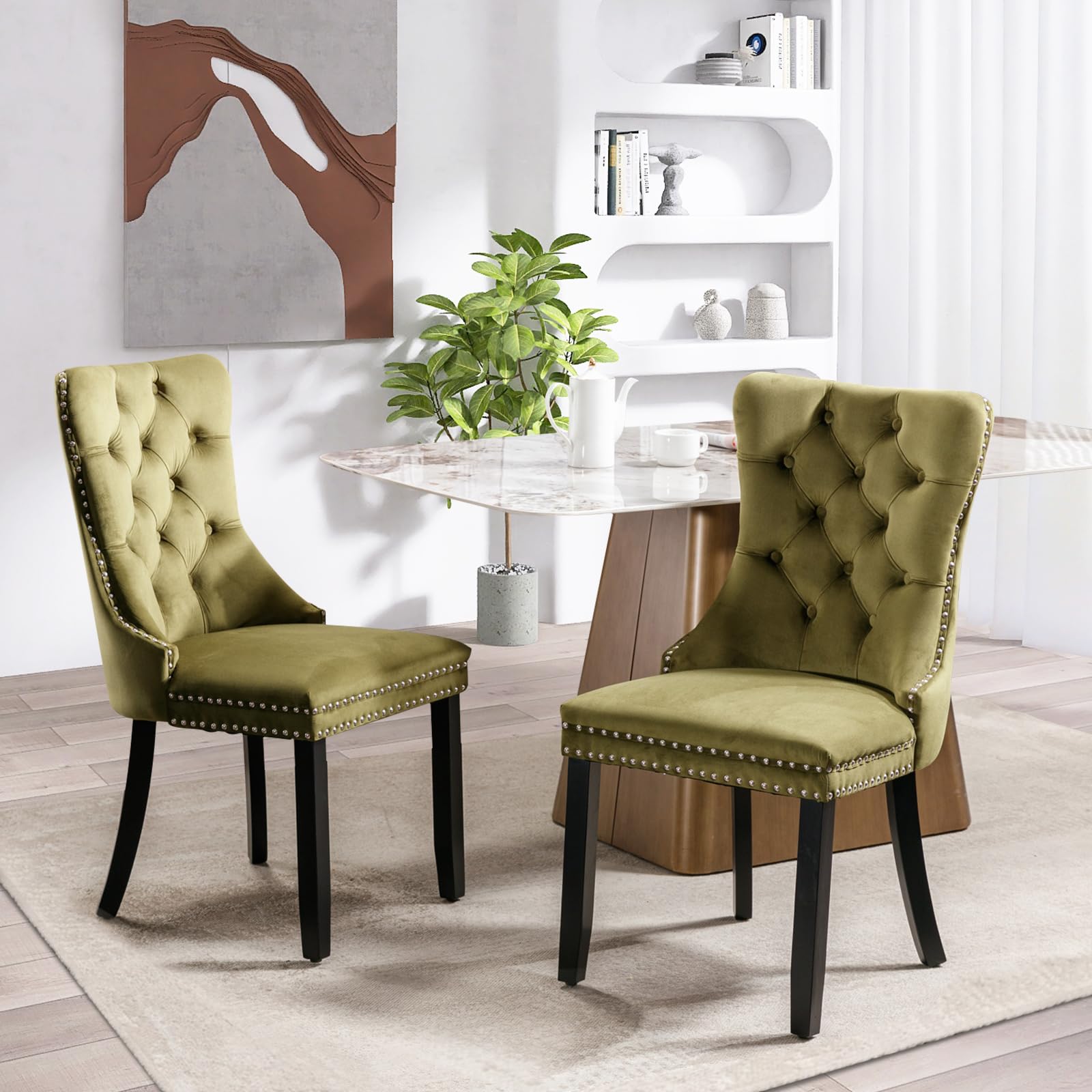 Modern Velvet Upholstered Dining Chairs Set of 2 with Nailhead Trim & Solid Wood Legs