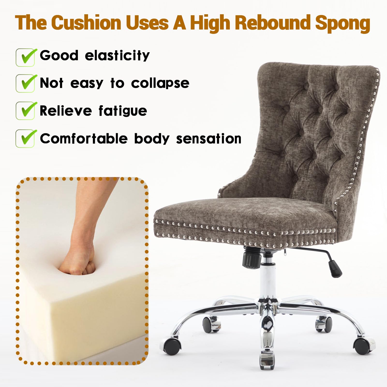 Velvet Tufted Office Chair – Adjustable Swivel Desk Chair with Gold Base & Soft Cushion