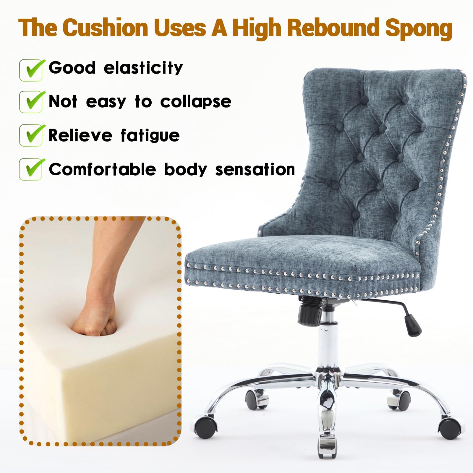 Velvet Tufted Office Chair – Adjustable Swivel Desk Chair with Gold Base & Soft Cushion