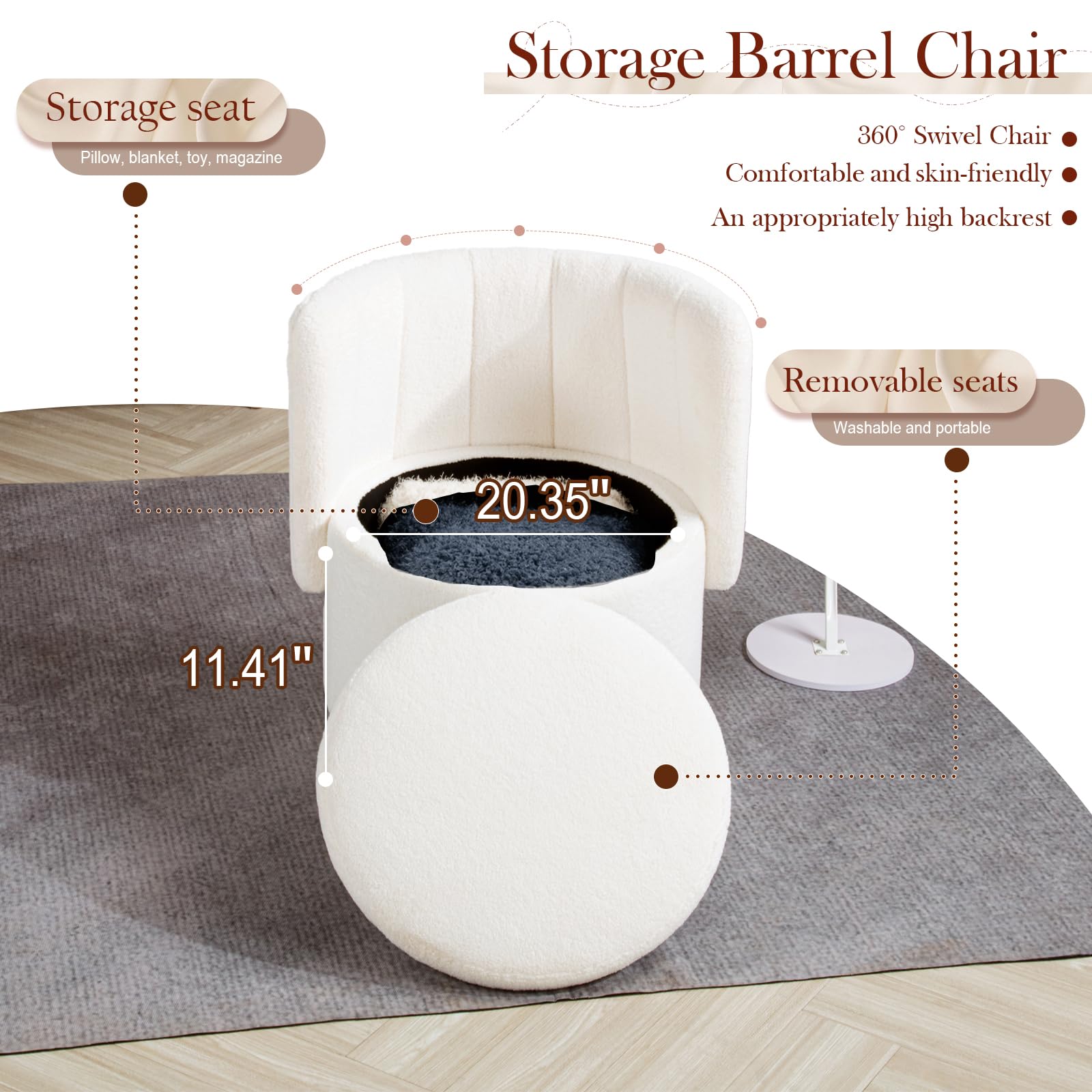 Modern 360° Swivel Accent Chair with Storage – Bouclé Barrel Chair for Living Room or Bedroom