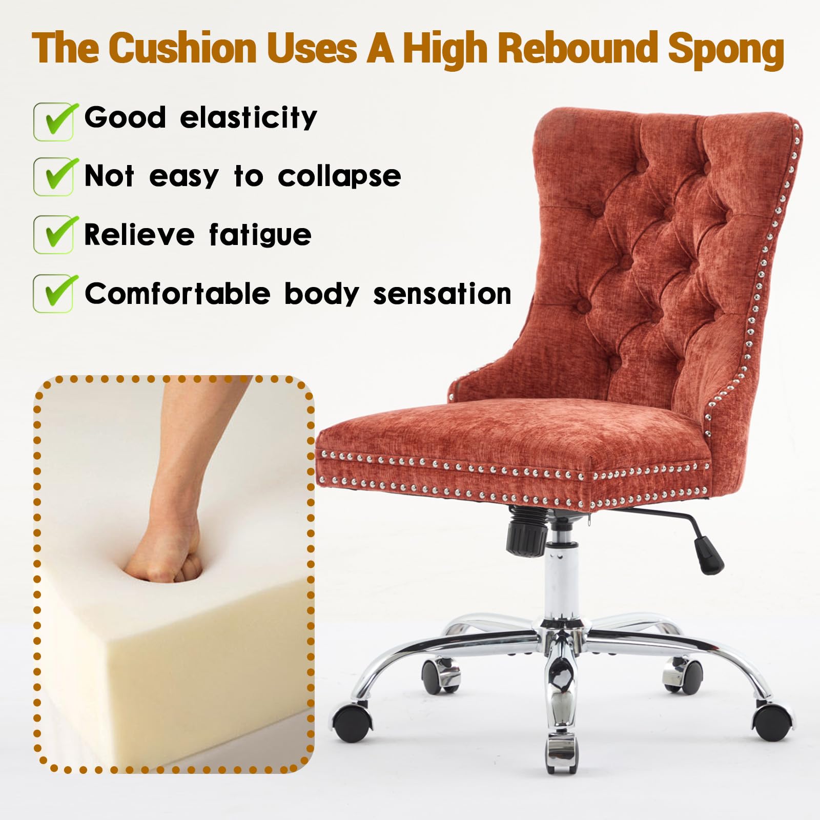 Velvet Tufted Office Chair – Adjustable Swivel Desk Chair with Gold Base & Soft Cushion