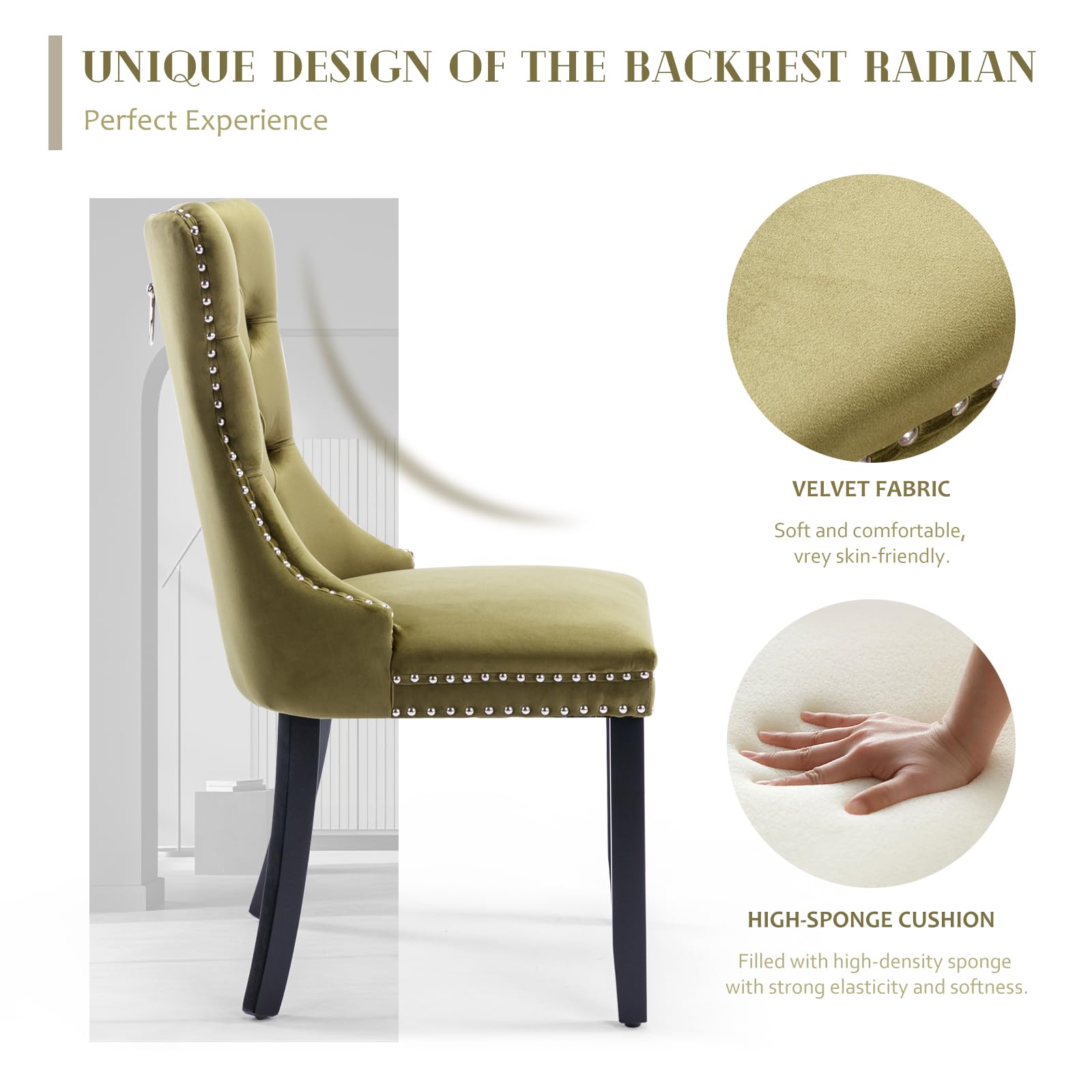 Modern Velvet Upholstered Dining Chairs Set of 2 with Nailhead Trim & Solid Wood Legs