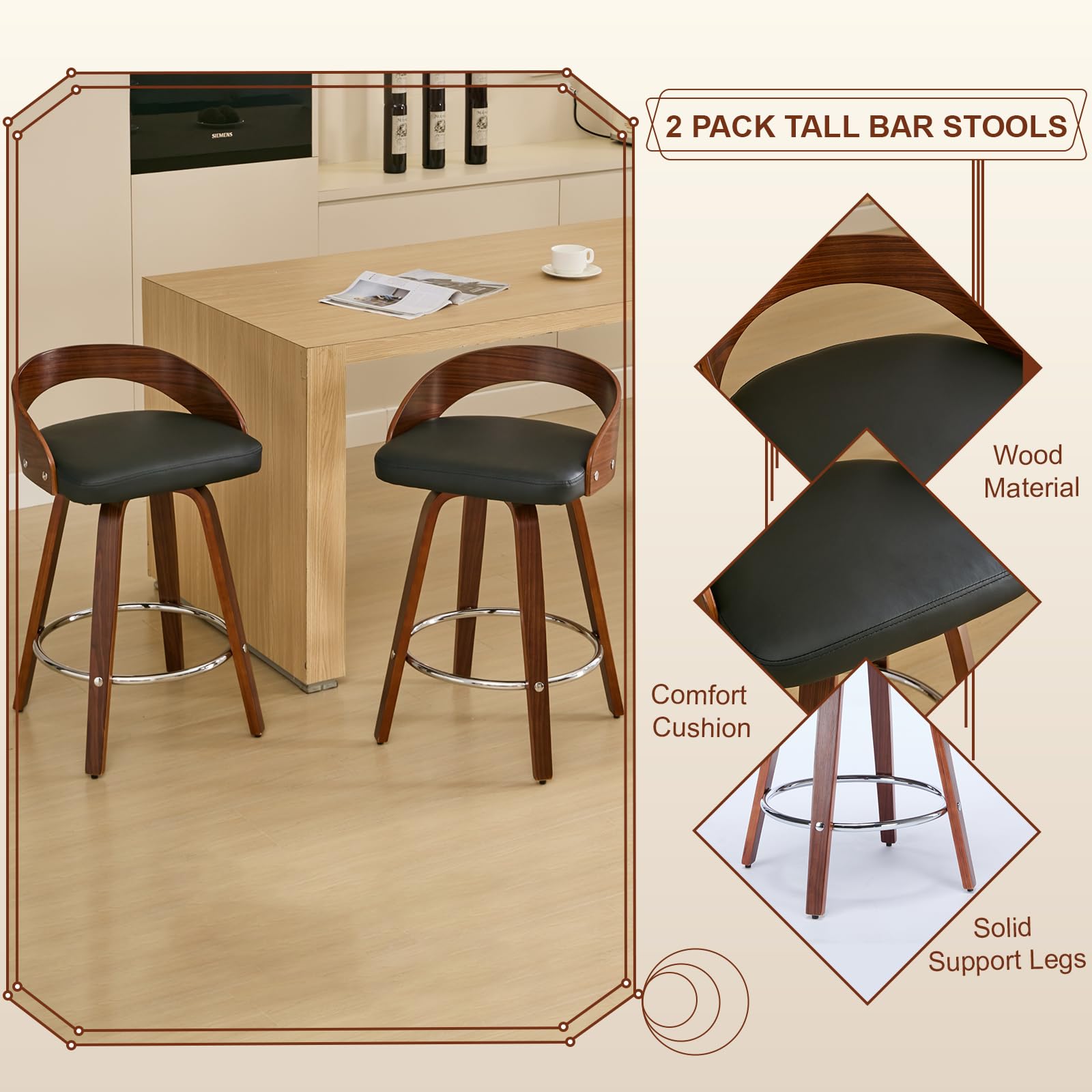 Walnut Low Back Swivel Bar Stools Set of 2