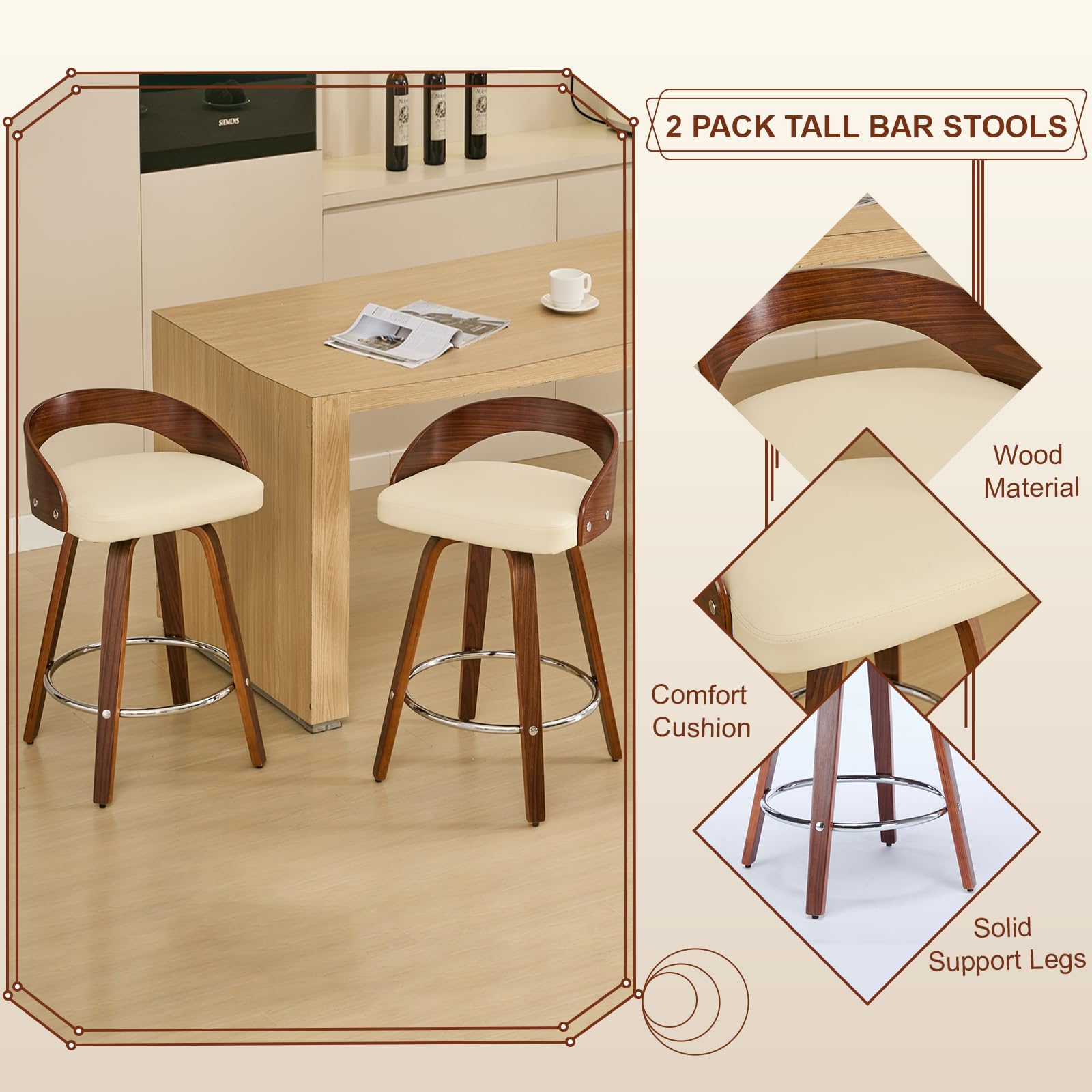 Walnut Low Back Swivel Bar Stools Set of 2
