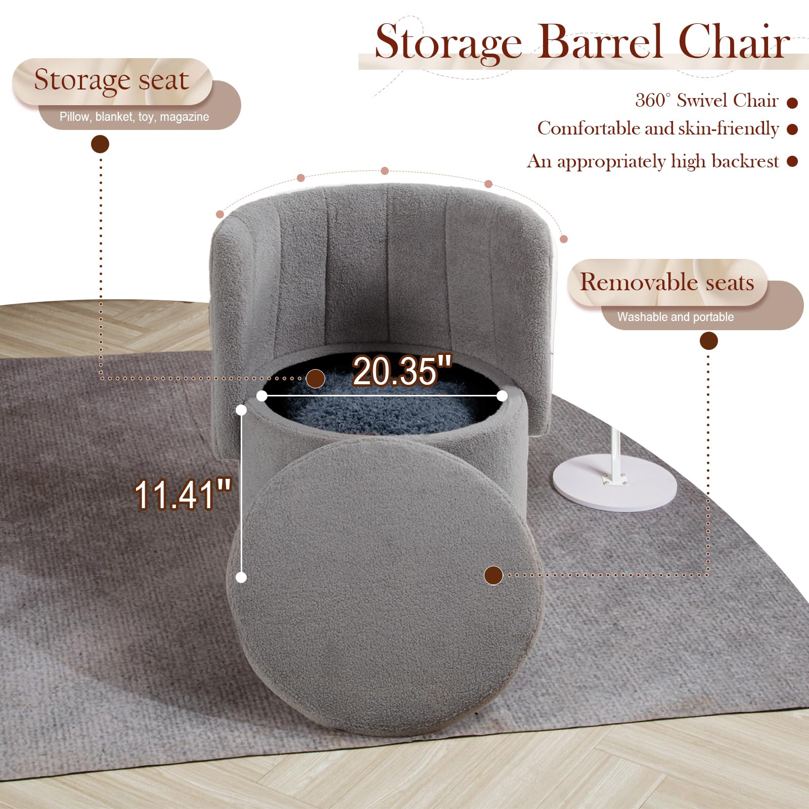 Modern 360° Swivel Accent Chair with Storage – Bouclé Barrel Chair for Living Room or Bedroom