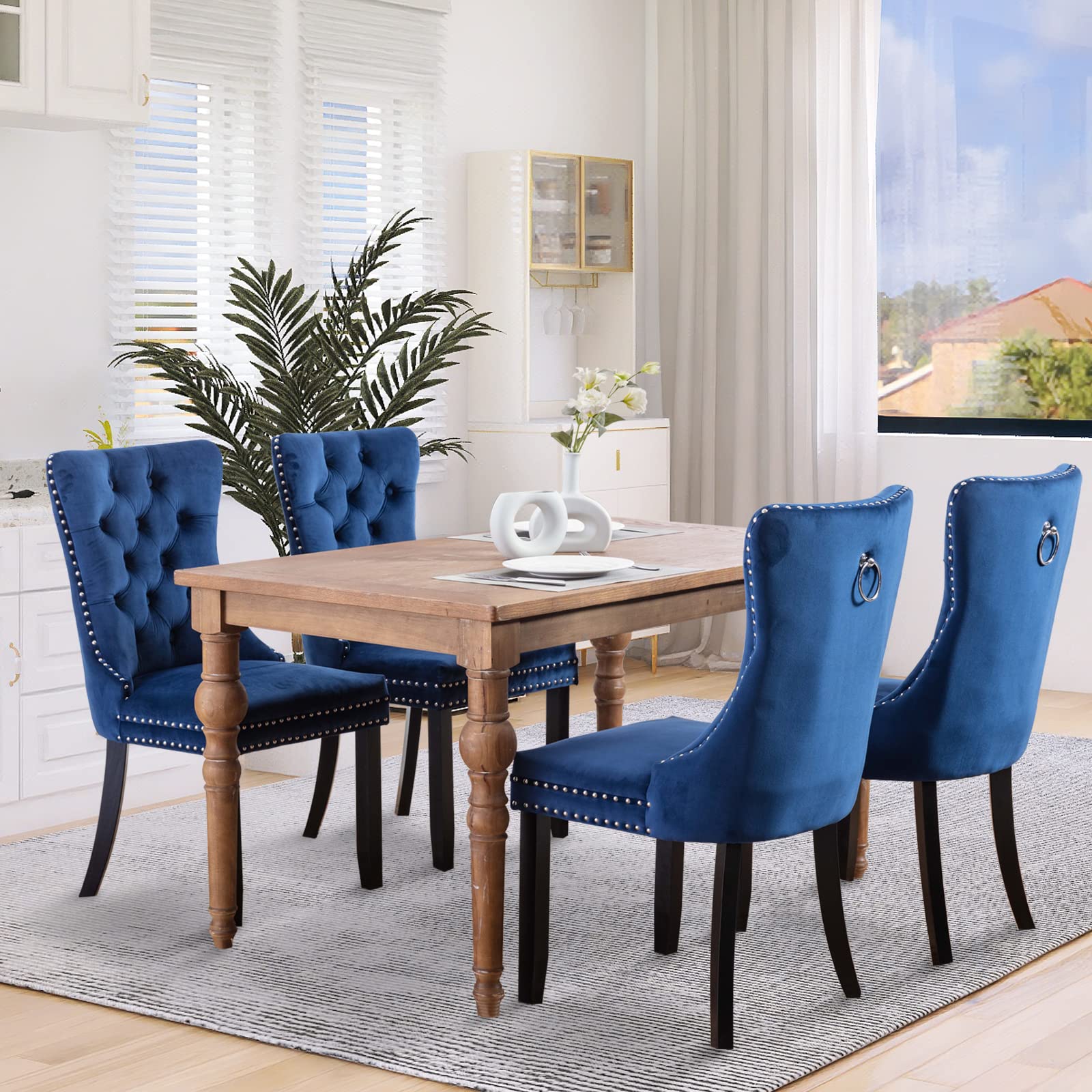 Modern Velvet Upholstered Dining Chairs Set of 2 with Nailhead Trim & Solid Wood Legs
